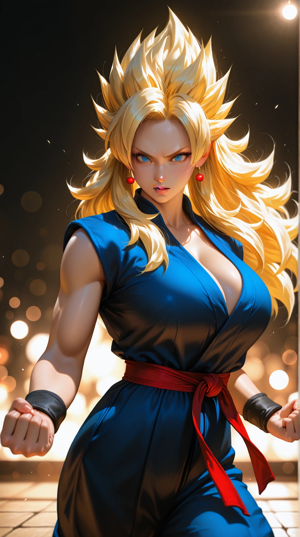 Female son goku, 1girl, beautiful face, angry, battle damage, blonde hair, blue sash, clenched teeth, furious, green eyes, female focus, muscular, muscular female, pectorals, sash, solo, spiked hair, super saiyan, super saiyan 3, teeth, topless female, torn clothes, wristband, ((masterpiece)), ((huge breast: 1.9))