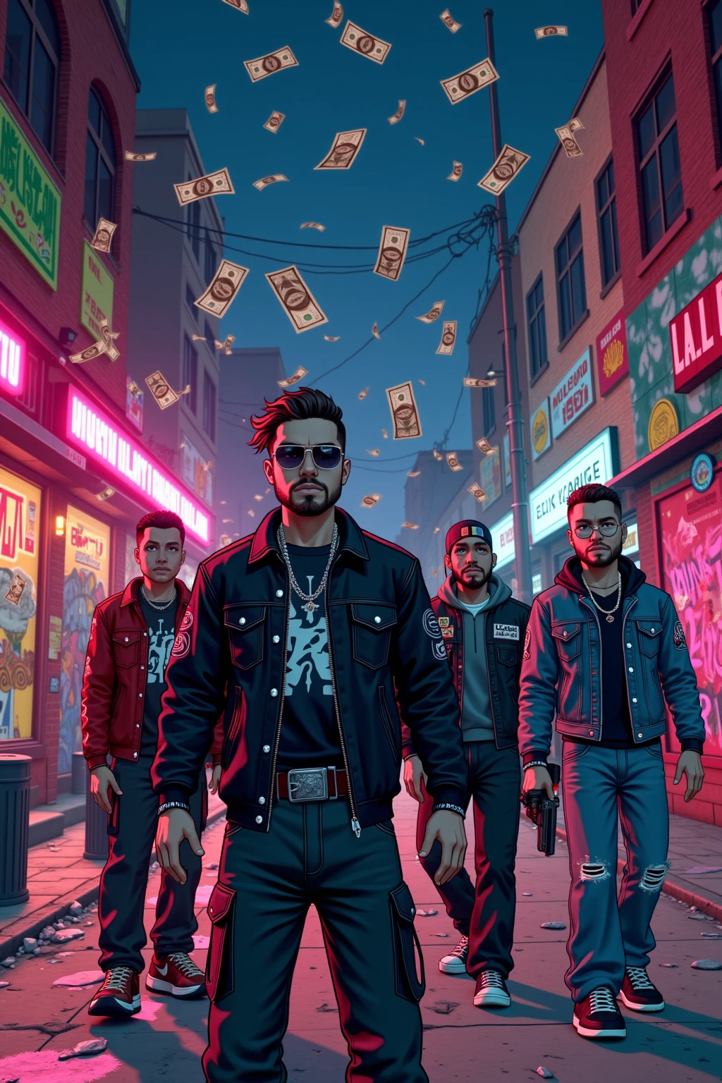 Screencap of a stunning fantasy anime scene set in the gritty streets of Los Santos, evoking the iconic gang warfare of GTA. Multiple adult gang members, rendered in vivid anime fantasy realism, take dynamic, powerful poses against a backdrop of graffiti-covered walls and neon-lit urban decay. The scene bursts with drama as stolen banknotes rain down, swirling in the air amid bursts of vibrant colors and dynamic lighting. Detailed lighting creates deep shadows and bright highlights, enhancing the intense atmosphere of urban combat and rebellion. Emphasize the high-energy fantasy anime aesthetic with stylistic references to Makoto Shinkai and other renowned fantasy anime artists, firmly capturing the raw, edgy essence of a GTA-inspired gang war tome. This artistic screencap, as if taken from an exclusive OVA or fantasy anime game, melds intricate urban details with the fantastical charm of anime, ensuring every frame radiates mature, captivating grit.