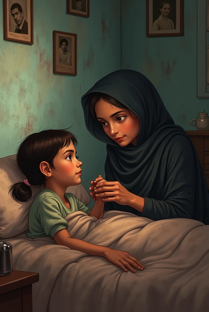 Sunaina seeing the ghostly image of the old woman in the mirror again, but this time, the old woman is holding a photograph of Kittu(4 year girl) lying in bed with the green shadow hovering over her.