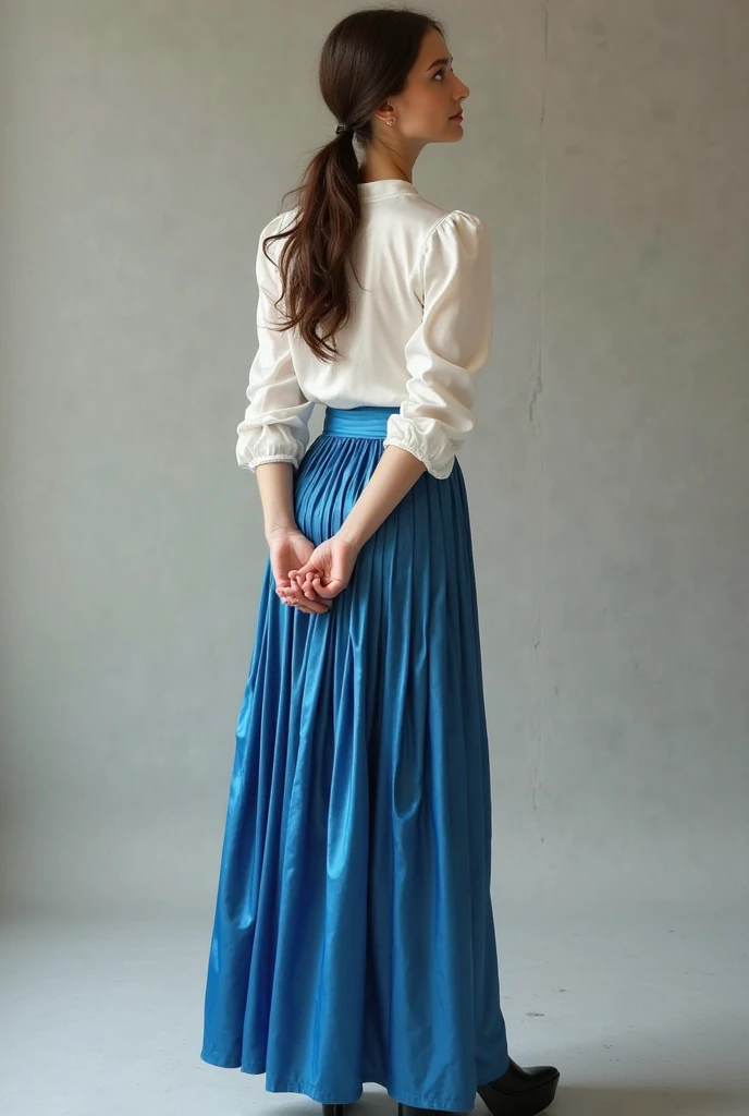 A cute girl is confined and tied up、Inside the room、Blue semi-long skirt、Red short sleeve shirt、Standing in front of a wall、Beauty、Age 25、Medium build、Like real life、highest quality、