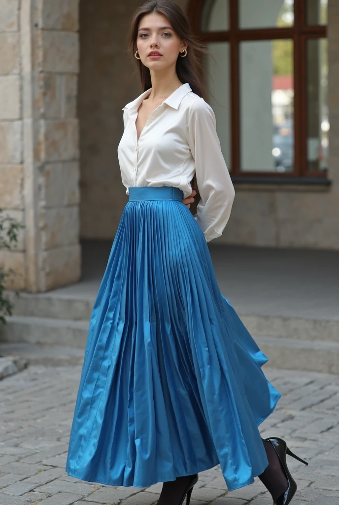 best quality,masterpiece,Ultra-high resolution,(actual:1.4),original photo,Ultra-high resolution，8k，There are women，White skin，Sophisticated makeup，，royal blue skirt:1.5，，High heel，long legs，bright and beautiful，
