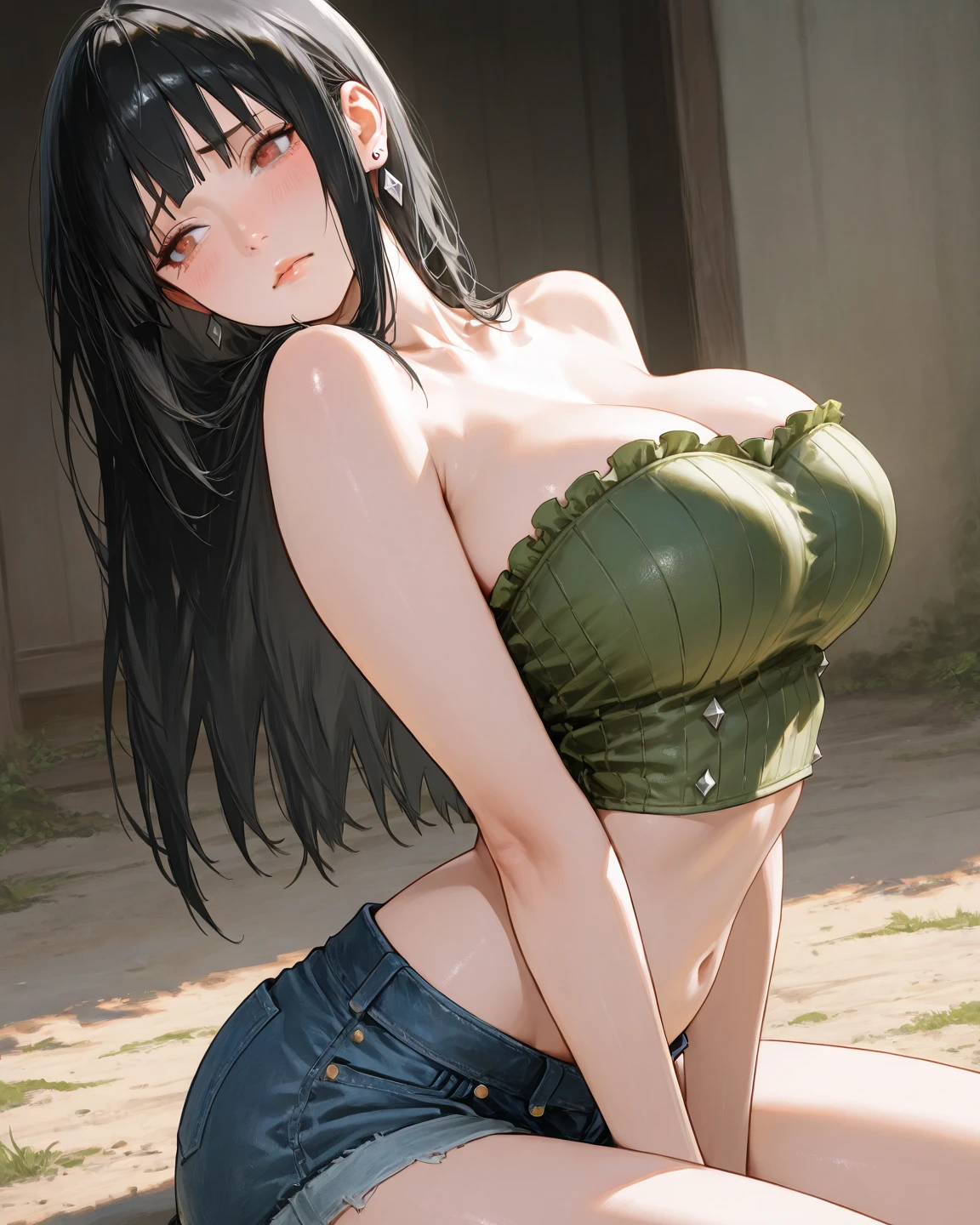 Nico robin from one piece is topless and sweating