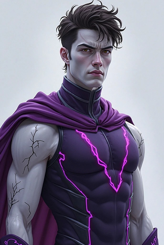 A male character with black hair, purple eyes, a scar on his right eye, and eyes that shoot purple rays, a purple cape, and no shirt, with a tattoo of a lightning bolt on his belly.