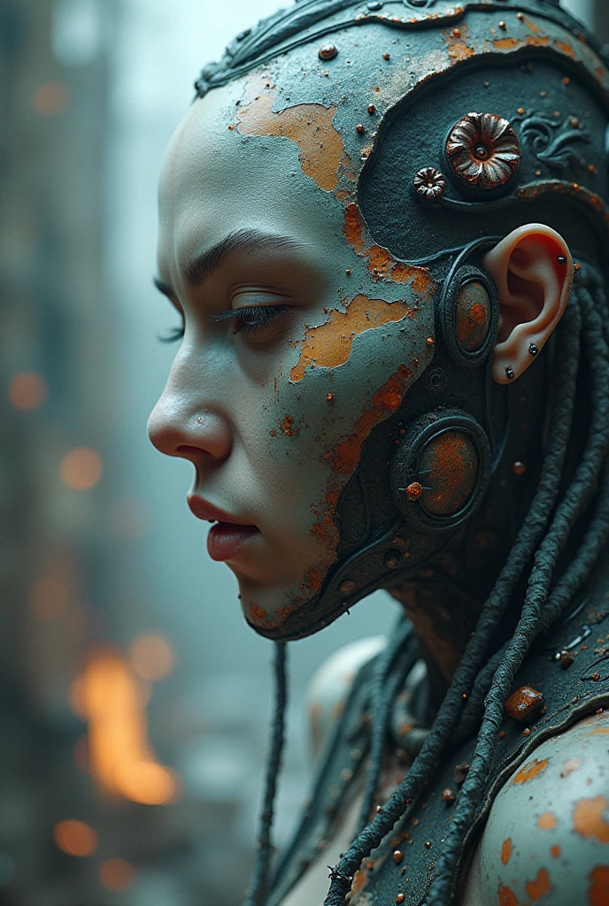 A stunningly beautiful woman with porcelain-like skin, sharp cheekbones, and piercing emerald green eyes, is positioned in a dramatic close-up shot, filling the frame, inside an abandoned, decrepit space station, with a backdrop of complex, metallic components, tangled wires, and rusted machinery, evoking a sense of desolation and neglect. The image isrendered in a striking cinematic style, reminiscent of Beksinski's dark, surreal masterpieces, with heavy influences from Methurlant's and Maciej Kuciara's dystopian visions, fused with Jama Jurabaev's vibrant, futuristic aesthetic, and a touch of Wojtek Fus's atmospheric, neon-lit ambiance. The atmosphere is tense, with an emphasis on high contrast, shallow depth of field, and a vignette that draws the viewer's attention to the subject's enigmatic gaze. The color palette is bold, with a focus on cinematic color grading, featuring warm, golden hues, deep blues, and flashes of neon pink, as if shot on Kodak Porta 400 and Cinestill 800 film, with a Leica M10 camera, yielding a distinct, filmic quality.A stunningly beautiful woman with porcelain-like skin, sharp cheekbones, and piercing emerald green eyes, is positioned in a dramatic close-up shot, filling the frame, inside an abandoned, decrepit space station, with a backdrop of complex, metallic components, tangled wires, and rusted machinery, evoking a sense of desolation and neglect. The image isrendered in a striking cinematic style, reminiscent of Beksinski's dark, surreal masterpieces, with heavy influences from Methurlant's and Maciej Kuciara's dystopian visions, fused with Jama Jurabaev's vibrant, futuristic aesthetic, and a touch of Wojtek Fus's atmospheric, neon-lit ambiance. The atmosphere is tense, with an emphasis on high contrast, shallow depth of field, and a vignette that draws the viewer's attention to the subject's enigmatic gaze. The color palette is bold, with a focus on cinematic color grading, featuring warm, golden hues, deep blues, and flashes of