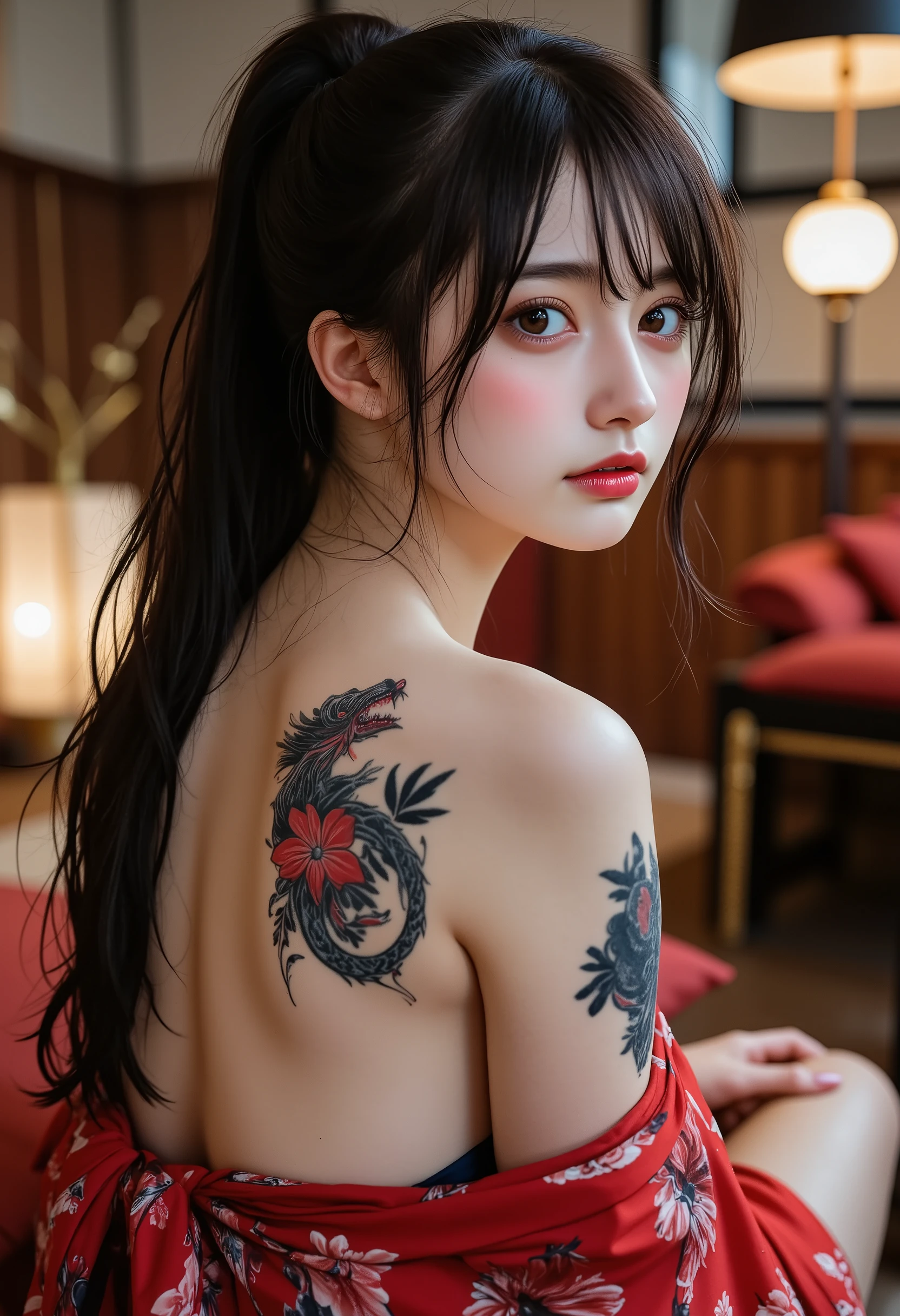 (Canon), (EOS R5), (50mm), ((解剖学的にaccurate人体構造)), (((photorealistic:1.5))), ( No Lens Flare :1.5), ((超high resolution)), (masterpiece), accurate,(realistic textured skin), Super Detail, absurd, realistic, High Quality , winning work, 最High Quality, 32K, depth of field,  digital camera, Award-Winning Photos , (Professional bright lighting), ((最High Quality:1.5)), ((masterpiece:1.5)), ((realistic)), high resolution, (とても美しくて綺麗な1 personの日本人女性), (1 person), ((Beautiful and beautiful 25-year-old Japanese)), ((upper body shot with the back side oblique on the back side:1.5)), ((Upper body shot from head to knee :1.5)), (((美しい花柄がある黒色の着物を腰辺りまで着崩して両方の肩と背中と背中一面に描かれたかなり大きな登り龍の和彫りの入れ墨とお尻を見せるSemi-nudeの上半身撮影:1.8))), (((I can see a fairly large Japanese tattoo of a climbing dragon drawn all over her back from the bottom of her neck to her hips and buttocks:2.0))), (((Big dragon tattoo with red eyes))), (Japanese carving tattoo of a lily flower on the upper arm of both arms), ((A half-naked Japanese woman wearing a Japanese black kimono showing her back and a pretty large Noboriryu tattoo Looking back here:2.0)), ((Shot in an old Japanese-style house in Japan )), ((I'm sitting on a dark red Japanese-style cushion on a beautiful tatami mat in a luxurious Japanese-style room:1.5)), ((Dim Japanese-style room at night)), (( showing cleavage between the lattice-shaped shoji and floor :1.8)), ((Japanese-style lighting faintly illuminates her back and face)), (((I'm wearing a Japanese black kimono in a big disguise,no underwear,  no shoulder straps , Semi-nude:1.8))), (((A pretty large climbing dragon tattoo that is powerful all over her back:2.0))), (((no underwear:1.5))), (((The black kimono comes off to the bottom of my waist and dragon tattoos on my shoulders, back, and back look big:1.8))), ((It shows a bewitching beauty)), ( beautiful black hair ponytail), Very beautiful and sexy, charming beauty, seductive pose, height 160cm, slim figure, ( beautiful shaped big bust ), (I can see my beautiful nipples and large areolas), E cup, (((very pretty and smiling smile:1.8))), (alone:1.5), (brown eyes:1.9), ( Detailed depiction of extremely realistic skin ), (Highly detailed, realistic eyes:1.9), ( extremely beautiful long realistic eyelashes ), (Highly detailed, realistic eyebrows), (丸いbrown eyes :1.8), ( beautiful catchlight on the eyes), (Realistic lips with moisture ), (White Realistic Teeth Arrayed Neatly), ( Beautiful and Detailed Face :1.6), (hourglass figure:1.6), (Wasp waist :1.5), (A beautiful white lily flower can be seen on the side of a perfectly round and beautifully shaped bust:1.8), ( clearly contoured cheekbones  :1.5), (perfectly shaped body :1.8), (Healthy body :1.8), (Narrow shoulders:1.9), (looking back and staring at me), (mesmerizing gaze), (Beautiful, natural-looking hands), (beautiful pink nails with a beautiful length), (( show your hands as little as possible )), (Very beautiful smile:1.1), (You can see skin on your shoulders, back, waist, and butt:1.4), Intricate and detailed,  colorful depiction , ((A red Japanese kimono with a beautiful floral pattern designed like an orchid:1.5)), (((The kimono is large and the shoulders, back, and butt are quite exposed:1.8))), (((off shoulder:1.8))), ((A beautiful red Japanese kimono with a beautiful flower pattern )), ((Kimono with a flower pattern on red fabric)), ((I can see my beautiful nipples and large areolas)), ((Realistic female genitals and anus can be seen)), (I have a lot of pubic hair), ((I can&#39;t show my feet)), Flower Hairpin, (I can see ikebana on Japanese-style furniture behind),  extremely sexy sensual body , sexy woman, like々Sensual Elegance, sexy body, sexy looks,  sitting on tatami mats in a luxurious Japanese-style room , Shot taken from an oblique front , (I have beautiful white lily flowers arranged in a vase), ((Japanese swords are displayed sideways on a sword stand between the floors)), Japanese style hairpin,  Japanese Style Hair Ornament, A gentle-looking face, thin waist, (Can see the side of a beautiful, well-shaped bust), blur background, Illuminate the face, dynamic pose, beautiful body line , Beautiful, realistic skin , Art Photography, beautiful soft writing, ( color temperature 5500K )