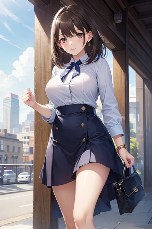 Pretty young girl, brown hair,beautiful long low ponytail hairstyle, ((tight grey skirt and tight white jacket)) , short sleeve,,(slouch),(reisalin stout),(wide muscles),((sexy voluptuous body),((sexy body view)),(walking at school backyard),((sexy body flexes)),((beautiful smile)),((sexy abdominal muscles))