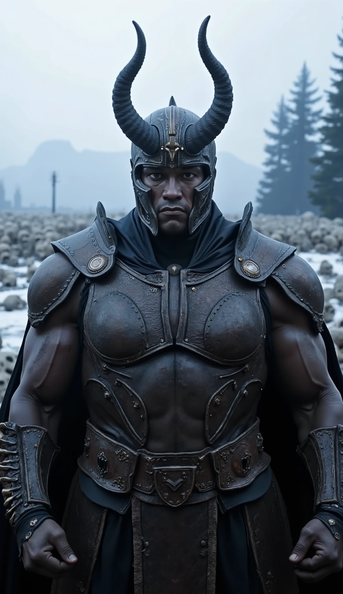 Vincent D'Onofrio as Shao Kahn from Mortal Kombat: brilliant hyperrealistic image, Background a hyper realistic image close up of the face your armor hyperdetailed textures the hyper realistic background of a city of skulls forest snow mountains with textures in 8k