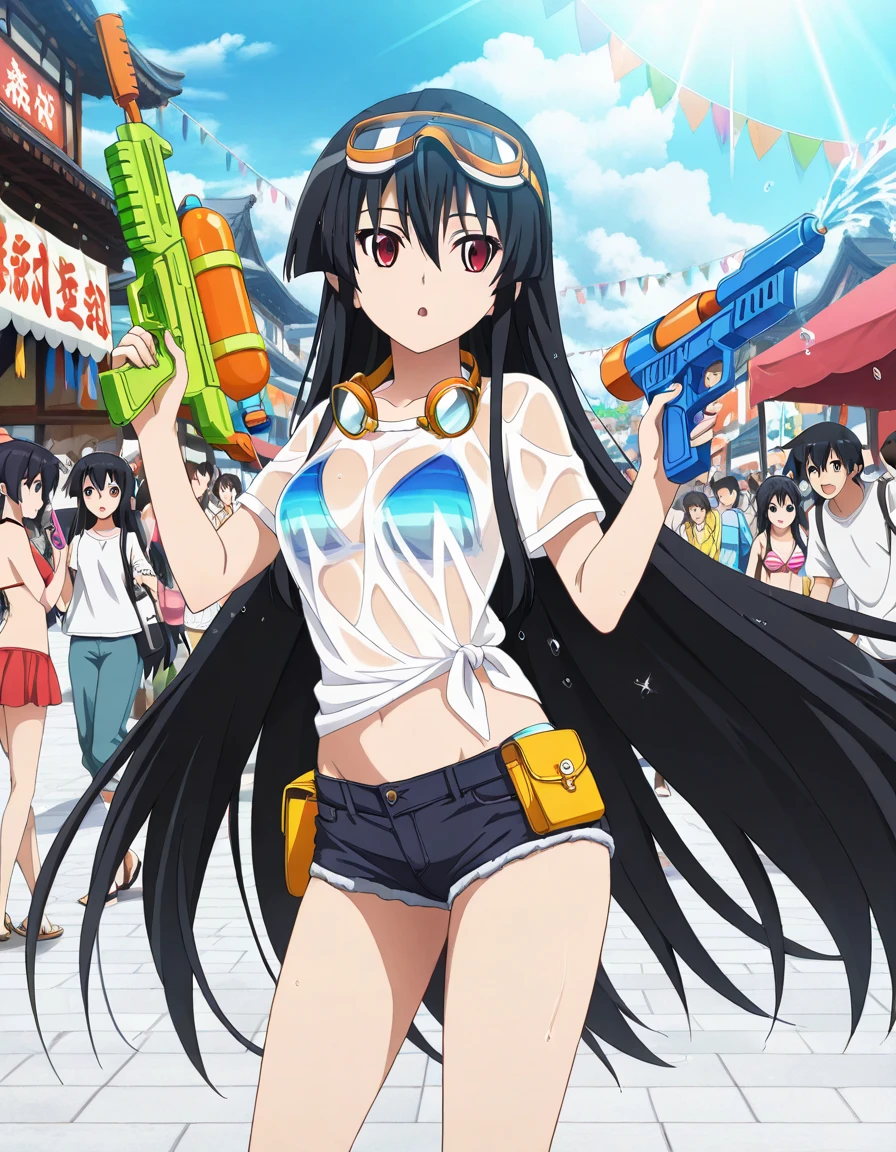Gangbang, (High resolution:1.4), (masutepiece:1.2), (High quality:1.3) 1girl, saten ruiko, green eyes, long hair, black hair, small breast, grin