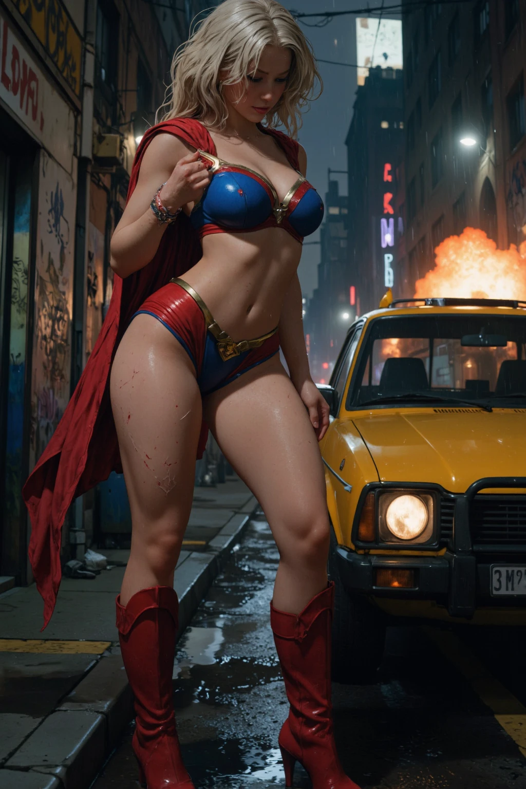 Olivia Wilde、Sticking out the navel、newyork、She wears a torn Spider-Man suit,wearing skirt、 Red and black color scheme,Dynamic、​masterpiece、top-quality、ultra-detailliert、ighly detailed、beautiful detailed brilliance、超A high resolution