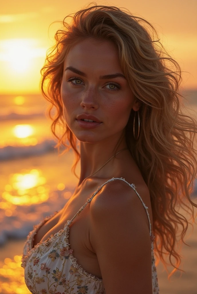 sunset,Jessica Alba, wearing crystalline swimsuit transparent. professionally retouched, soft lighting, realistic, smooth face, perfect eyes, sharp focus on eyes, 8 k, high definition, insanely detailed, intricate, elegant. in a natural background.
