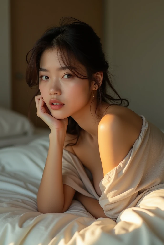 (photorealism:1.2), beautiful woman, sitting on bed, wearing loose off-shoulder top, long curly hair, relaxed pose, realistic, intricate details, warm colors, Japanese, blackish brownish hair