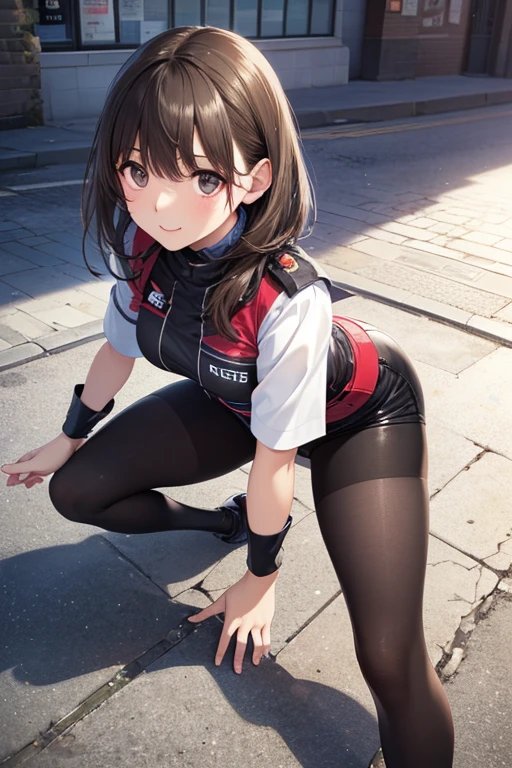 beautiful cute girl,((brown hair:1.2)),(Medium wave hair:1.1),(beige eyes:1.2),(full body suit,Hero suit:1.2),((lace:1.2)),(首を傾げる:1.3),((Happiness:1.1)),(sexy pose:1.15),(sitting on the floor with one's legs tucked under to one side:1.15),close-up Face,((Warehouse:1.0)).