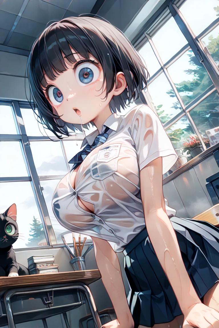 absurdres, Realistic, extremely detailed CG unified 8k wallpaper, Highly detailed, High-definition raw color photos, professional photograpy, Realistic portrait, Cinematic Light, Beautiful detailed, 20 years old woman, bob cut ,blue eyes, (Beautiful breasts:1.5), (diagonal bangs), (realistic skin:1.3), (Best Quality:1.4), Super Detail, High quality, ​master piece, lifelike, (After SEX), cum in pussy, pussy, Perfect face, Silly, (Wearing a white shirt with a large open chest), (mini skirt), (red ribbon), (cum on pussy), (Bukkake:1.3), Delicate Beautiful Hair and Eyes and Face, Delicate eyes, radiant eyes, Lifelike, Hyper-detailing, (colossal tits:1.8), ((sexy hip)), Beautiful cute woman, Exposed, cum on facial, (no panties:1.5), camel-toe details, Indoors, (Big breasts:1.8), NSFW, (cum shots), (arms behind back:1.3), arms are down, Dripping from the crotch, Overflowing from the crotch, ((Sexy legs)), thighs, (natural pussy), (nude lower body), (penis), (fellatio:1.3)