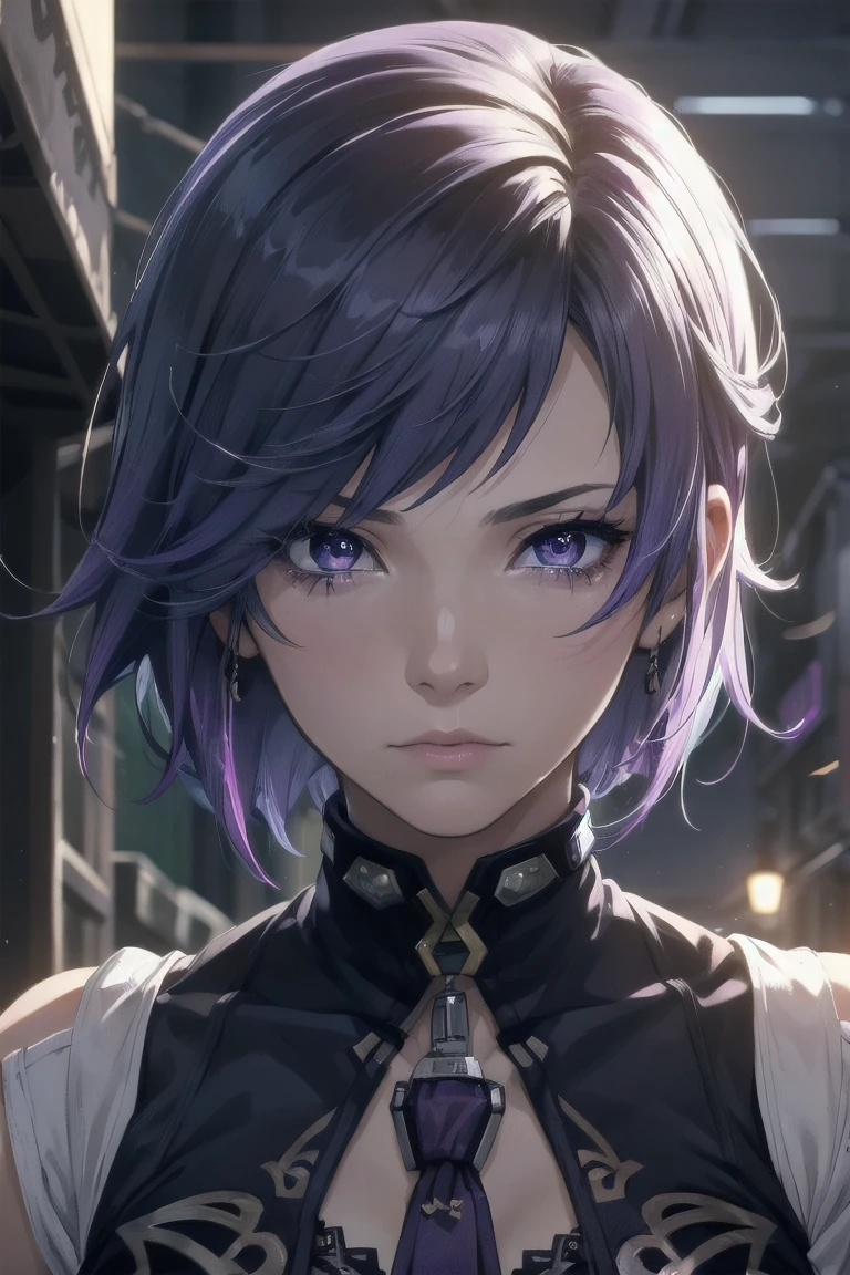 1girl, purple hair, short hair, purple eyes, young 20 years, torn clothes, sad, crying, female focus, dynamic pose, solo, highly detailed, cinematic lighting, photorealistic, 8k, award winning, dramatic, emotional, masterpiece