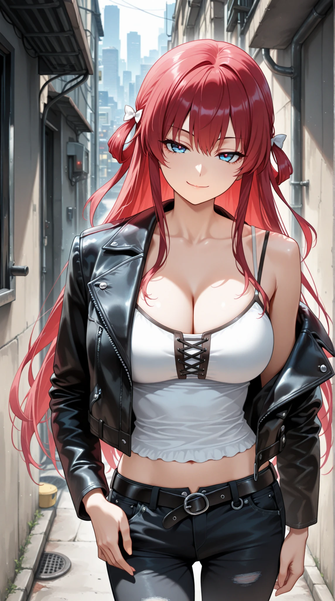 An anime girl with red hair and blue eyes wearing a skirt and an open shirt revealing a black and red bra