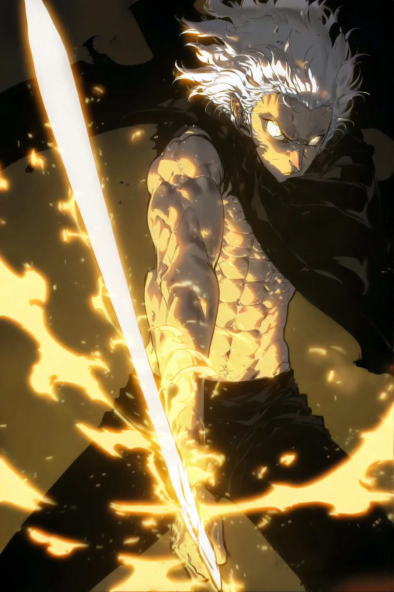 Handsome, Athletic, alone, male, long spicky hair, long white hair, black yellow eye, using a coat with furr as a cape, no shirt, black pants, , intricate sketch, expressive eyes nose and mouth, Abs, simple pose, longsword, martial art stance, , perfect Anatomy