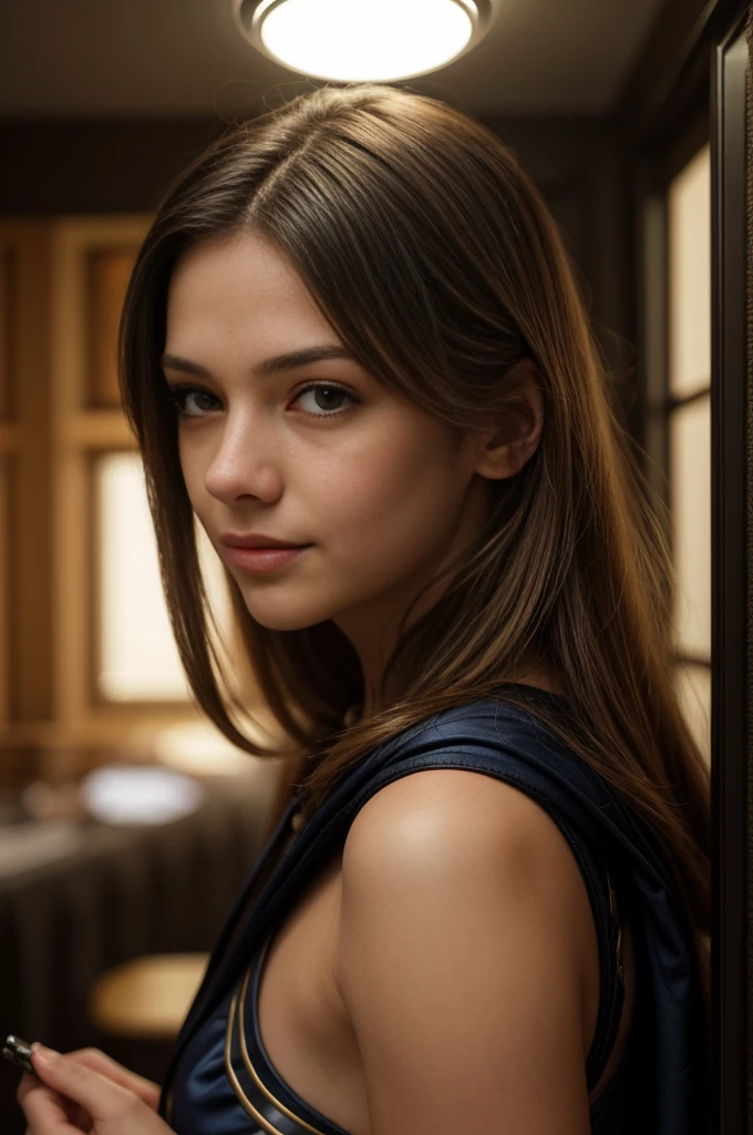 Foto hiperrealista en primer plano de Alicia Vikander, masterpiece, best quality, (photorealistic:1.4), portrait photo, with blue top with long sleeves, night in living room, during the night, dark night, during night, cinematic light, beautiful woman, skinny, medium breasts, straight dark blond hair, detailed face, photo taken from a distance, age 20 years old