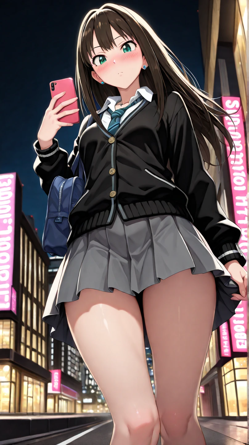 uniform、blazer、(((Panty shot)))、Beautiful Girl Magician、Black Hair Updo、((whole body))、(((Photo taken from below)))、school gate