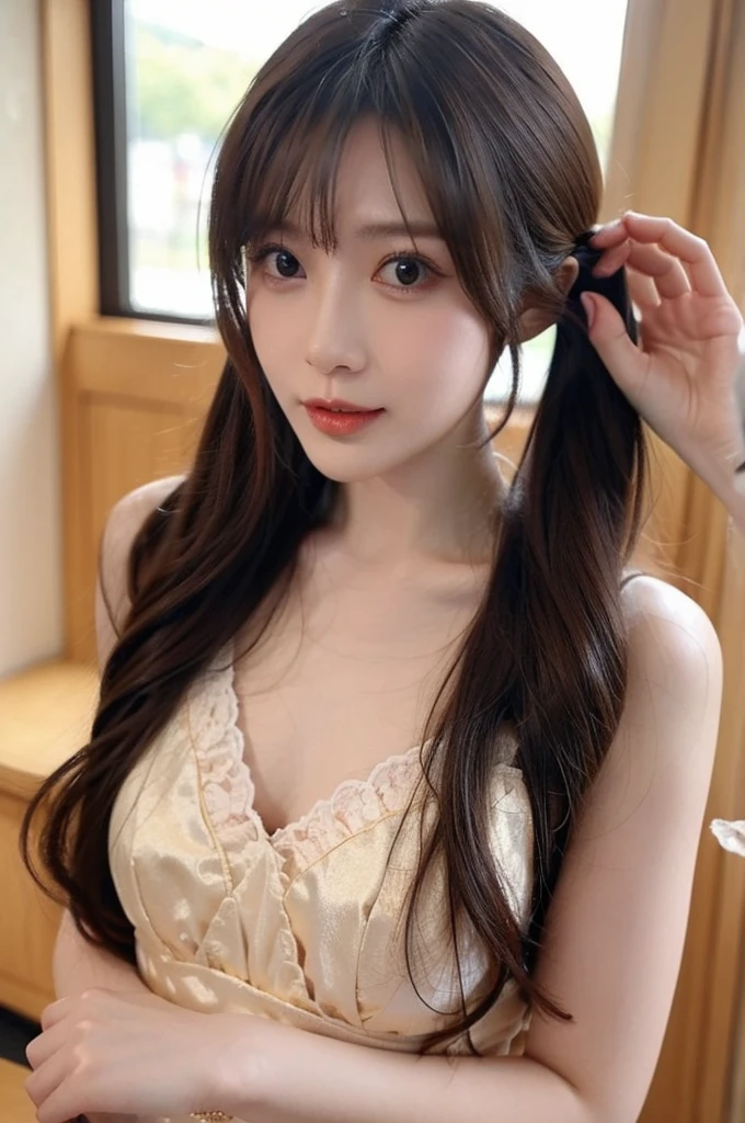 (masterpiece:1.3), high resolution, ultra detailed, extremely detailed CG unity 8k wallpaper, realistic, photo-realistic, RAW photo, beautiful detailed face, pale skin, realistic glistening skin, detailed cloth texture, detailed hair texture, Perfect body, Beautiful Face, accurate, Anatomically correct, Highly detailed face and skin texture, natural neck length, (beautiful hands), (fair skin:1.1), (well-aligned teeth:1.1), (Sweaty skin:1.2),
BREAK,
Detailed eyes, symmetric eyes, Light Brown eyes, Double eyelids, Thin eyebrows, (Glossy lips:1.4), ((A face with waiting for a kiss:1.2)), (blush:1.1), (A sparkling small hair accessory:1.1),
BREAK,
(A classy and Cute wife:1.3), 33 yo wife, (nude, nsfw, nipple:1.4),
BREAK,
medium large breasts, slender figure, firm abs,
((ponytail, Dark blonde hair, wavy hair, long hair, asymmetric bangs:1.2)), (looking at viewer), (cowboy shot:1.2), From above,
BREAK,
((Sitting side by side on the backseat of a office)), (((A view of Tokyo outside the window at Night:1.3))),