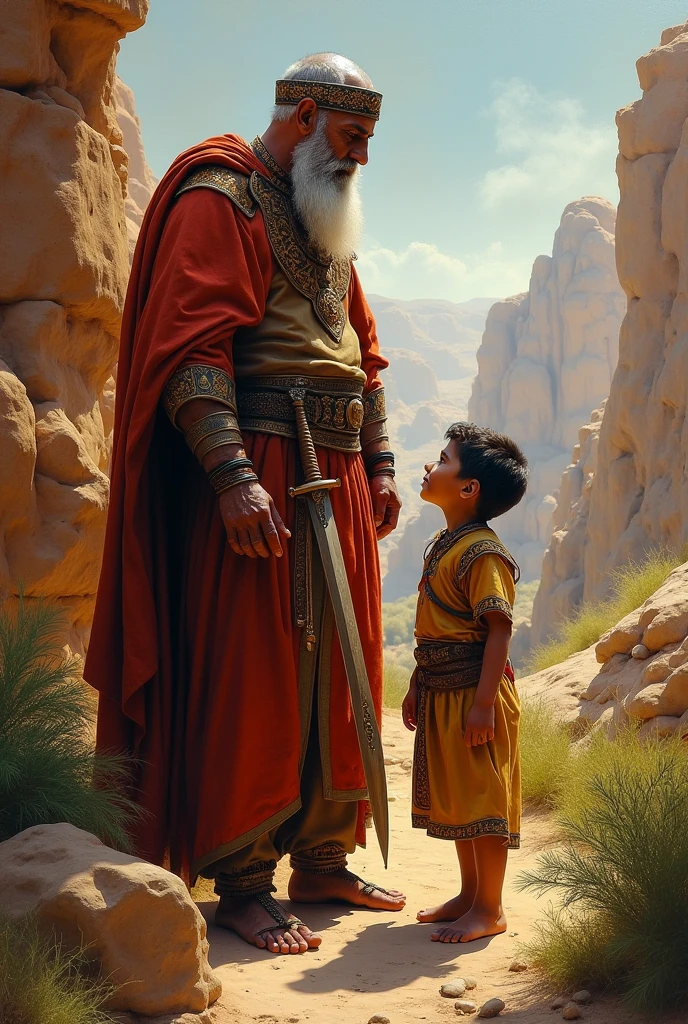 A beautiful boy sitting Egyptian market with a beautiful green eye , beautiful white skin , curly hair , Egyptian pharaoh dress .A rich man bought the boy in the market of Egypt , Egyptian pharaoh dress ,black beard , no Hair , handsome rich man
