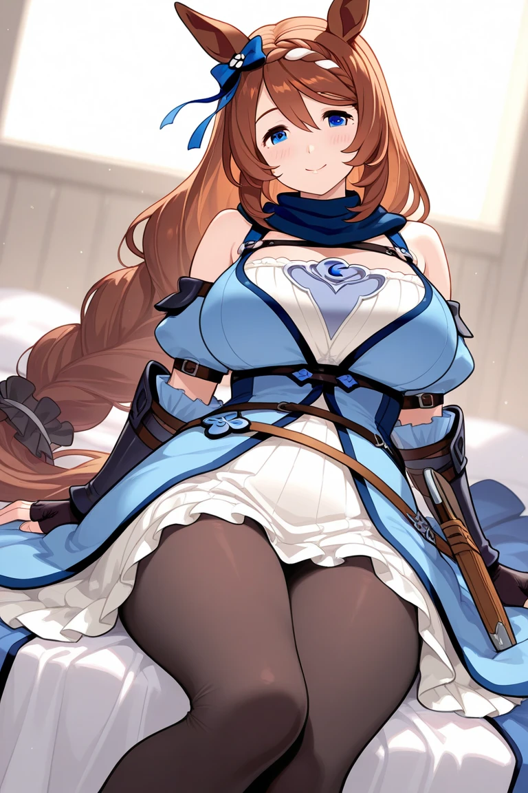 1girl(fate grand order, Leonardo da Vinci, brown straight hair, light blue eyes, big breast, blue opera length gloves, bule long tights, short boots), simple back ground,