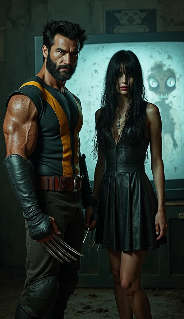 A girl stands with a werewolf in the rain during the day