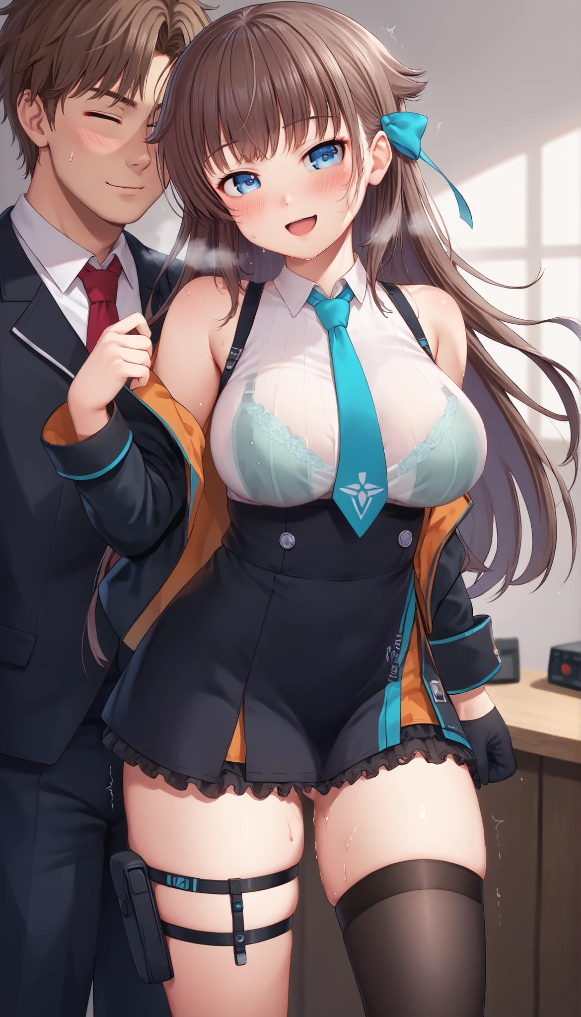 great quality,is so beautiful,Absard dress,top quality,newest,masterpiece,4k,resolution,anime screen capture,1 girl,brown hair,long hair,blue eyes,cute anime eyes,super huge breasts that have just been torn apart,very much sweat (Amount of sweat:2.0),blush(redness:3.0), Laughing face,I'm exhaling with my mouth wide open(steam),(Kana Kashiwazaki),hair bow,canavale , THIG-LENGTH SINGLE SOCKS, one leg in stockings, black jacket, sleeveless shirt, thigh strap, tie, cowboy shot, gloves, black skirt,I had sex with the man I had an affair with until a while ago,my body is trembling because it has climaxed too much,steamが多い,My shirt is sweaty and I can see my bra slightly(The bra is purple),A picture of a cheating partner's sperm in the womb,I have sperm hanging down my thighs,-game- Nebel Geisterjäger style