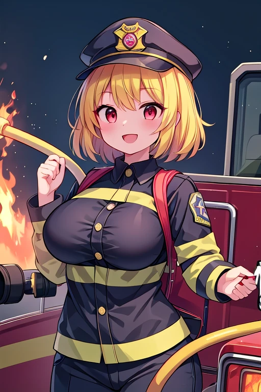 a firefighter girl, sexy body, ((big breasts)), big hips, thick thighs, beautiful face, beautiful eyes, smiling, blushing, standing, ((firefighter uniform, firefighter woman, firefighter, firefighter gear)), perfect hands, perfect fingers, high quality picture, high resolution, very detailed, 8k resolution