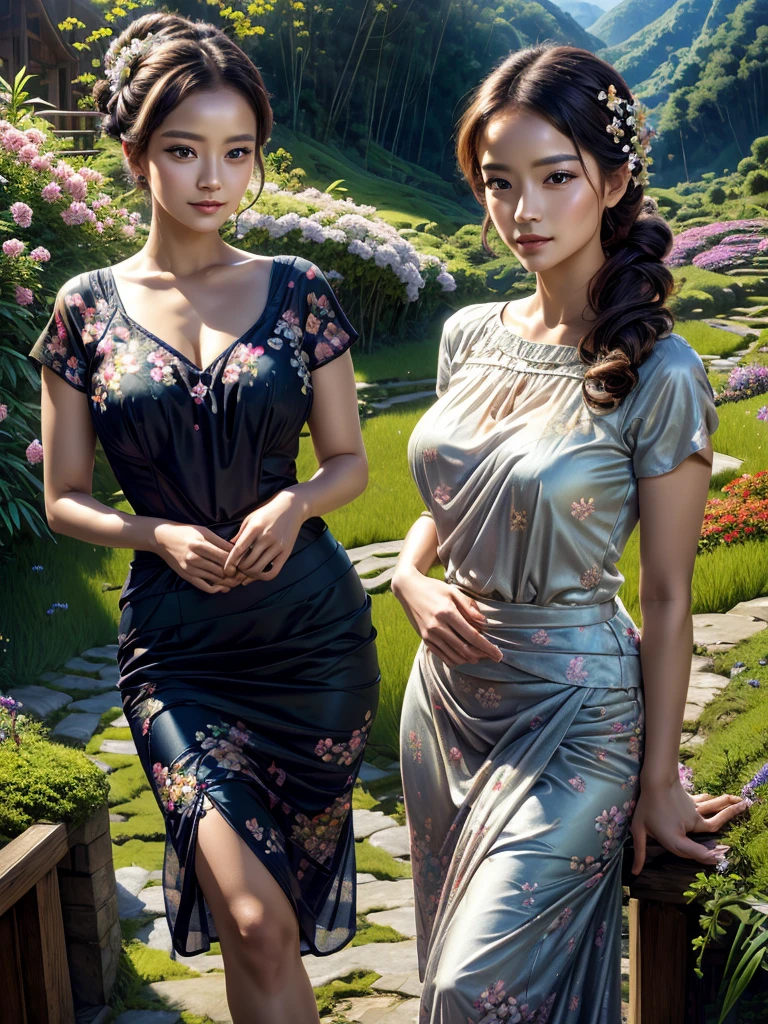 Best quality, masterpiece, meticulous detail, realistic, 1 girl, a hot beautiful maid in the flower garden, big breast, big hips, long leg, full body, blissful, smiling, raytraced
