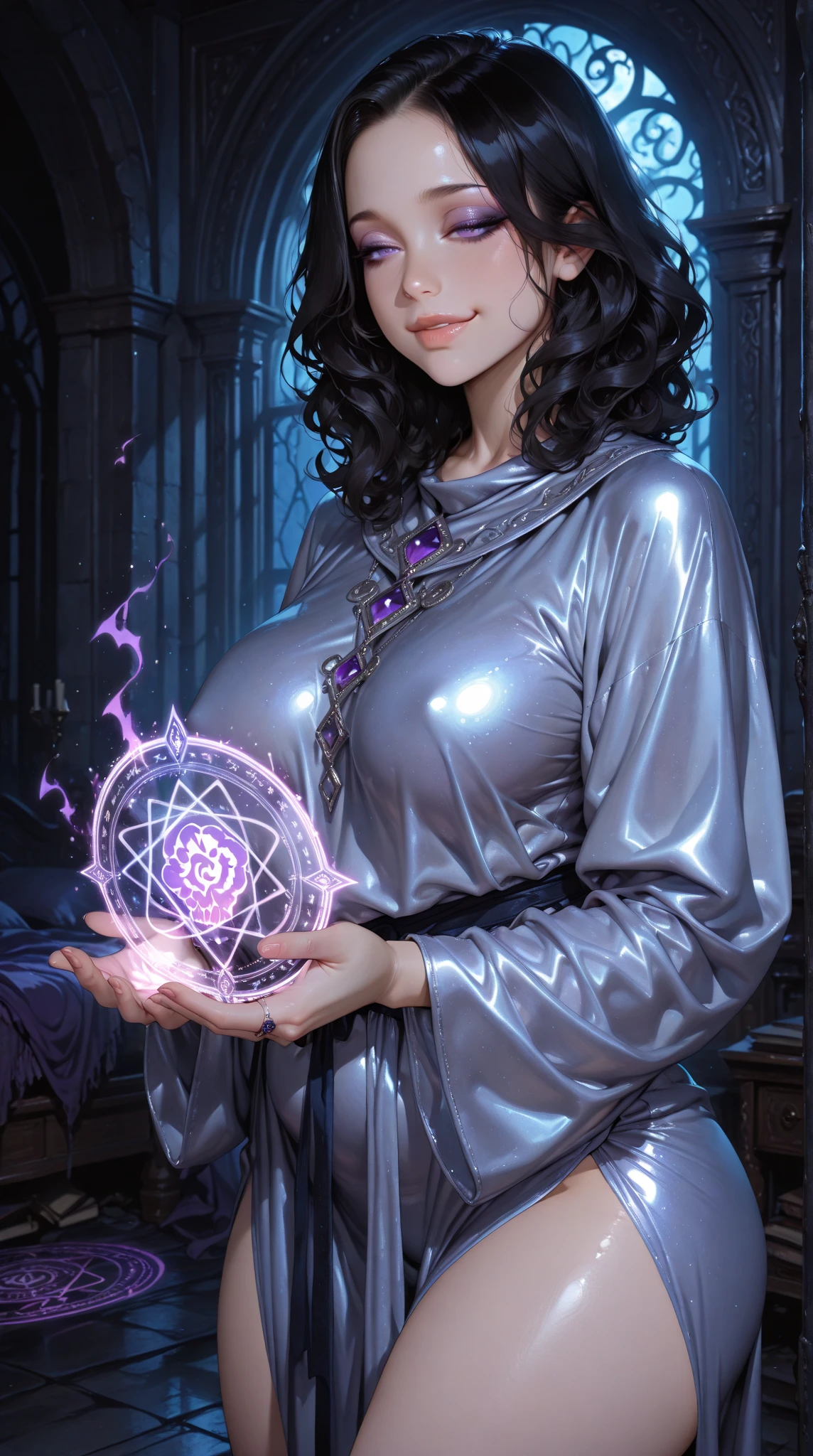 Elizabeth, huge boobs, big hips, (BioShock style), face detailing, ultra quality, (blue purple light), ((dark brown shirt mini dress, see through)), ((see through)), jacket, belts, face detailing, ultra quality, stockings, ((huge puffy nipple)), ((boost push down boobs)), in catacombs, magic sphere, (strange armor)