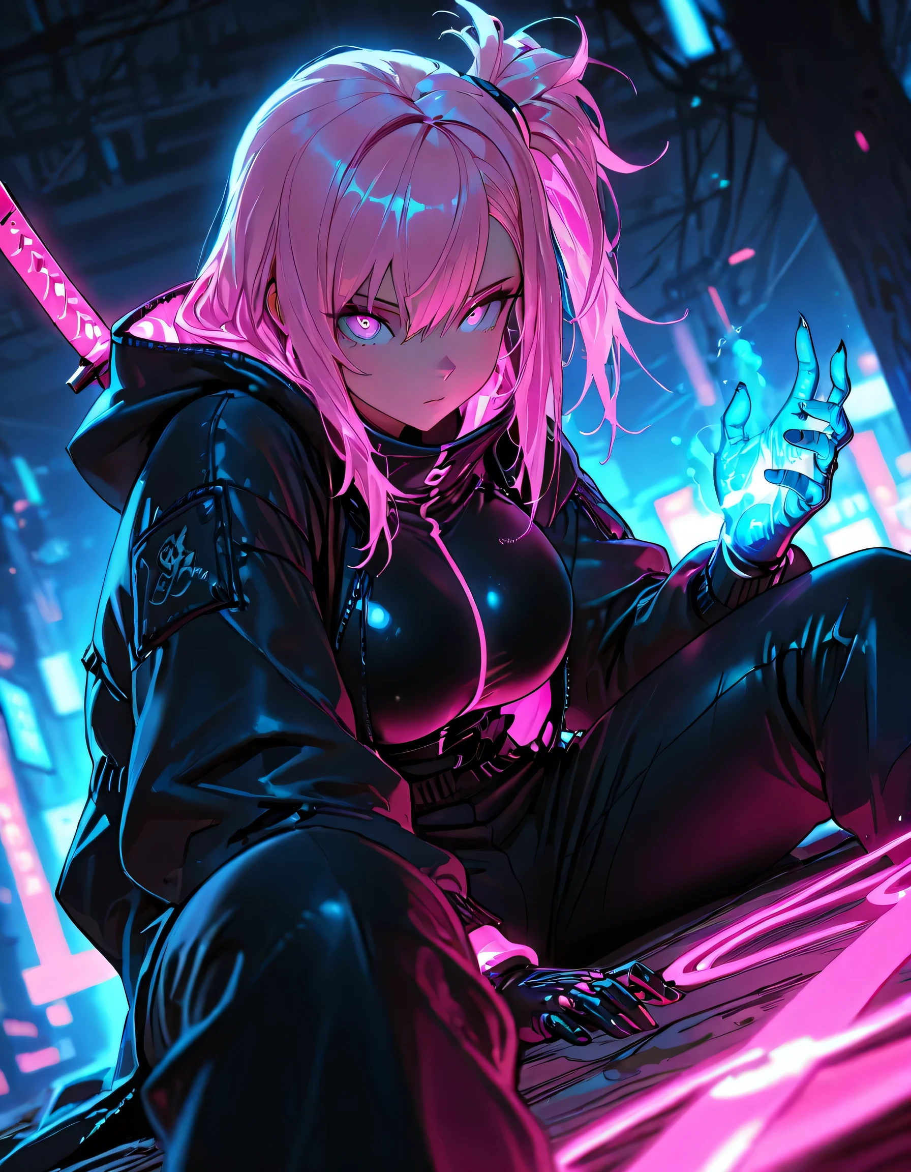 1girl, cybernetic Hands, cybernetic dragon background, sitting,neon katana,log side hair, stylish streetewear, assassin, assassin outfit, masterpiece, dynamic view, dynamic angle, looking at viewer, Jacket, oversized jacket, blue Neon, massive breast, Physically-based rendering, professional, detailed face and eyes, perfect body, extremely detailed description, ultra fine-painting, costume design, masterpiece, Sharp focus, 8k, depth of field,