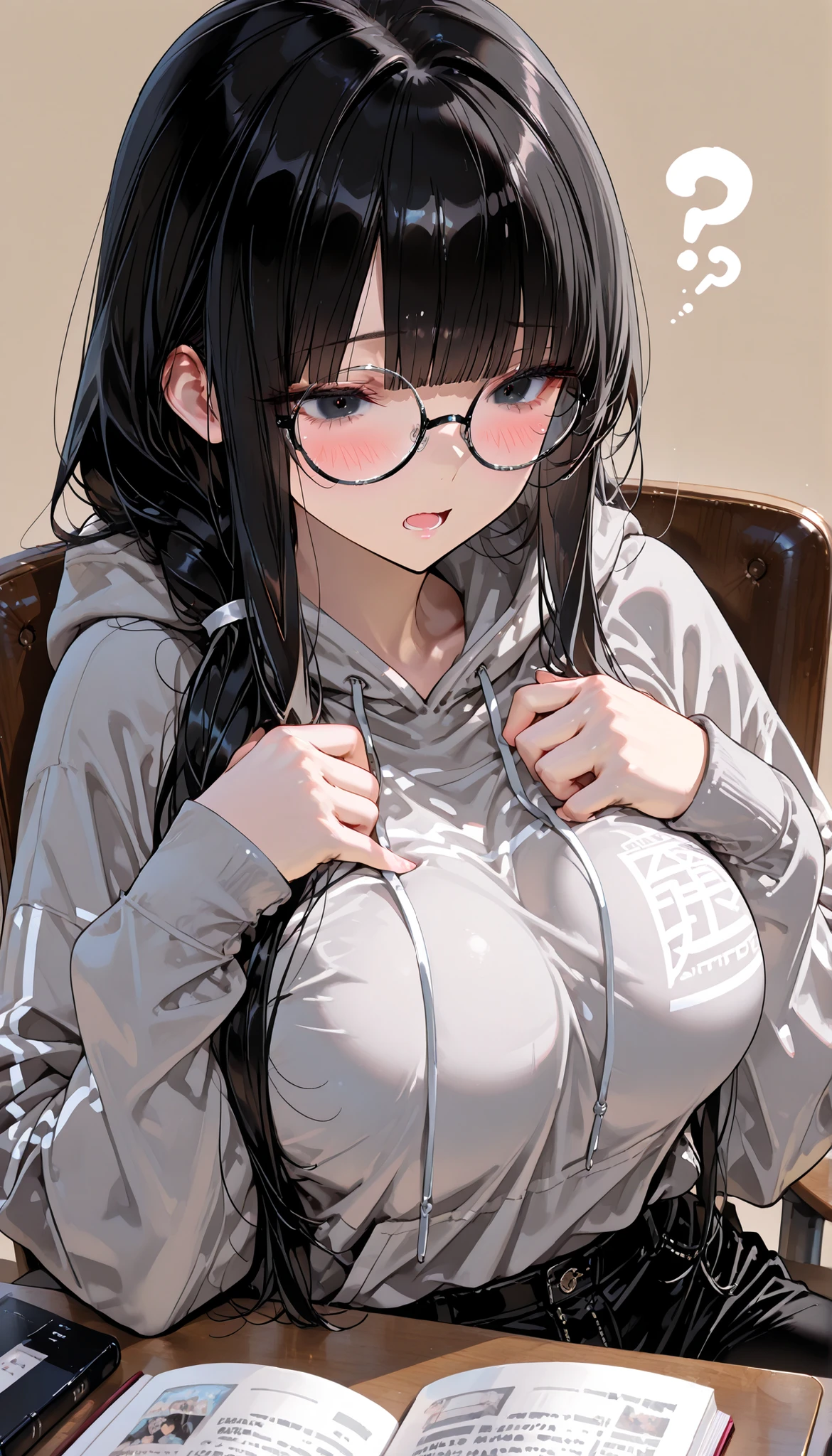 top quality, masterpiece, ultra-precise, ((top quality, masterpiece:1.3)), (sharp focus:1.2), (Beautiful mature woman with perfect body), (black eyes), (hime cut, long hairstyle, black hair), (zip-up Gray hoodie, (Black long pants with white trim), (Reading room with stylish brown background, desk, chair.), (breast suppress), The gaze is on the side, puzzled expression, blush, open mouth, large breasts, upper body, language, (black round rimmed glasses), (sexy).