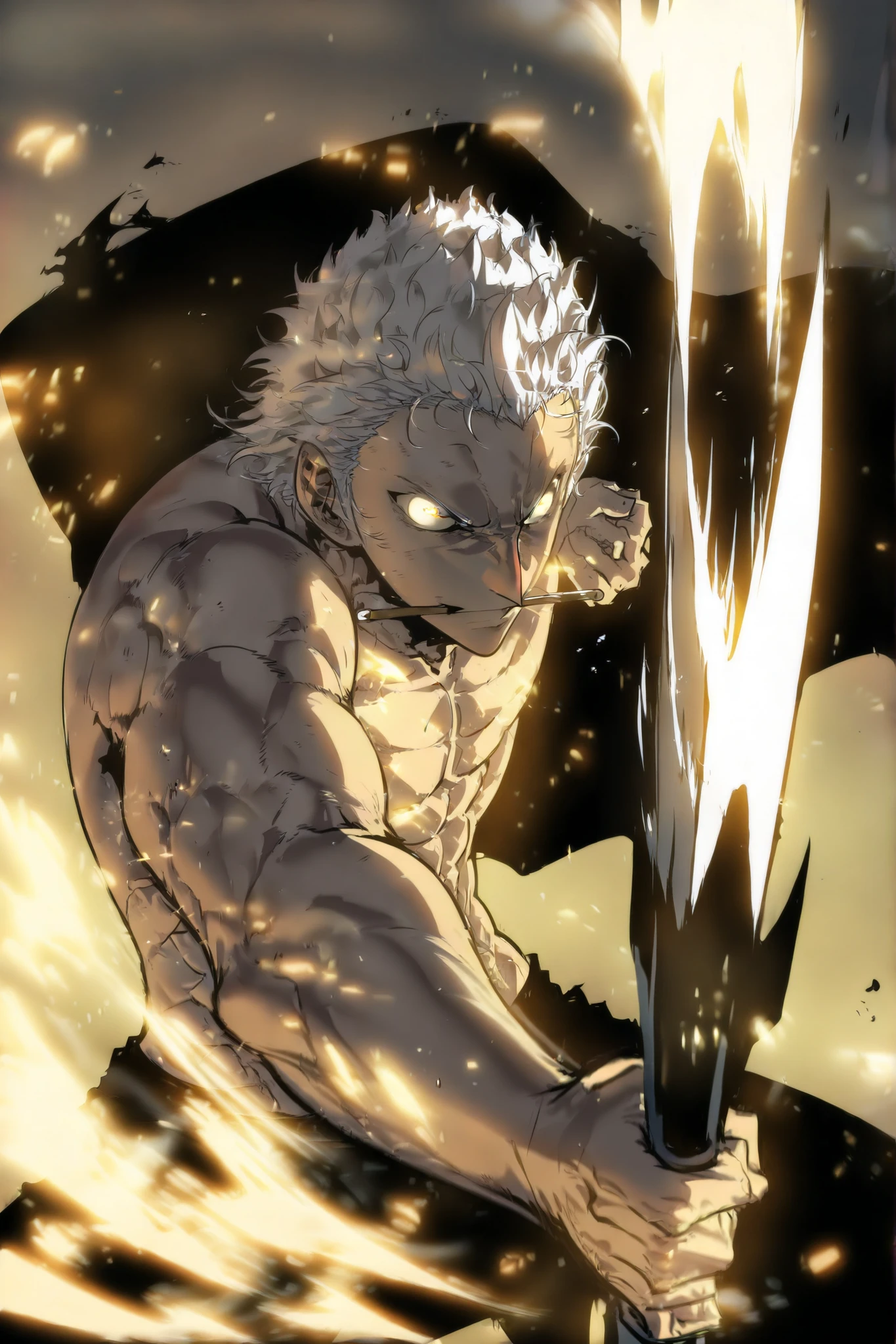 Handsome, Athletic, alone, male, long spicky hair, long white hair, black yellow eye, using a coat with furr as a cape, no shirt, black pants, , intricate sketch, expressive eyes nose and mouth, Abs, simple pose, black greatsword, martial art stance, , perfect Anatomy