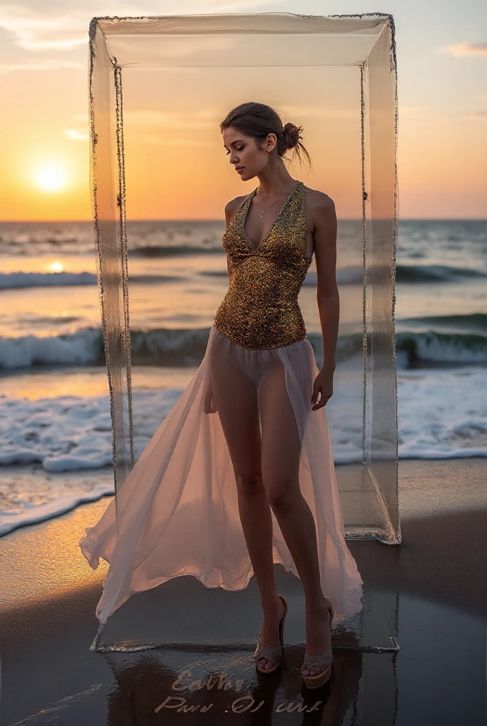 One beautiful woman with a Thai style face, scantily clad. Come walk brightly along the beach at the sea. walk barefoot The morning sunlight hits the body beautifully. The picture is clear and realistic, like a world-class art picture. There's only one