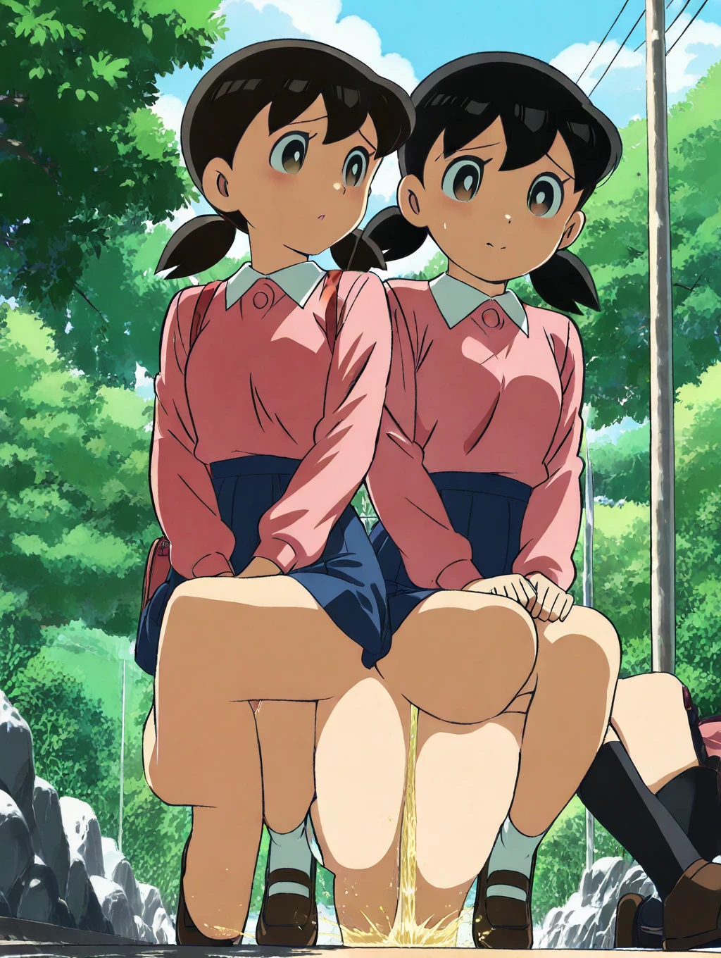 Highest quality, Ultra-high resolution, (Realistic: )2D official style cel animation,((2Girls sitting in a row))high school girl、Twin tails、ponytail、White Big Ribbon、Glasses、Blue Check Mini Skirt,Summer Shirts,Unbutton、(((no panties、Lace bra))),loose socks,sneakers,Full body portrait,(From below),Station stairs,sunny,Spread your legs、from the front、blush、(((nsfw))),