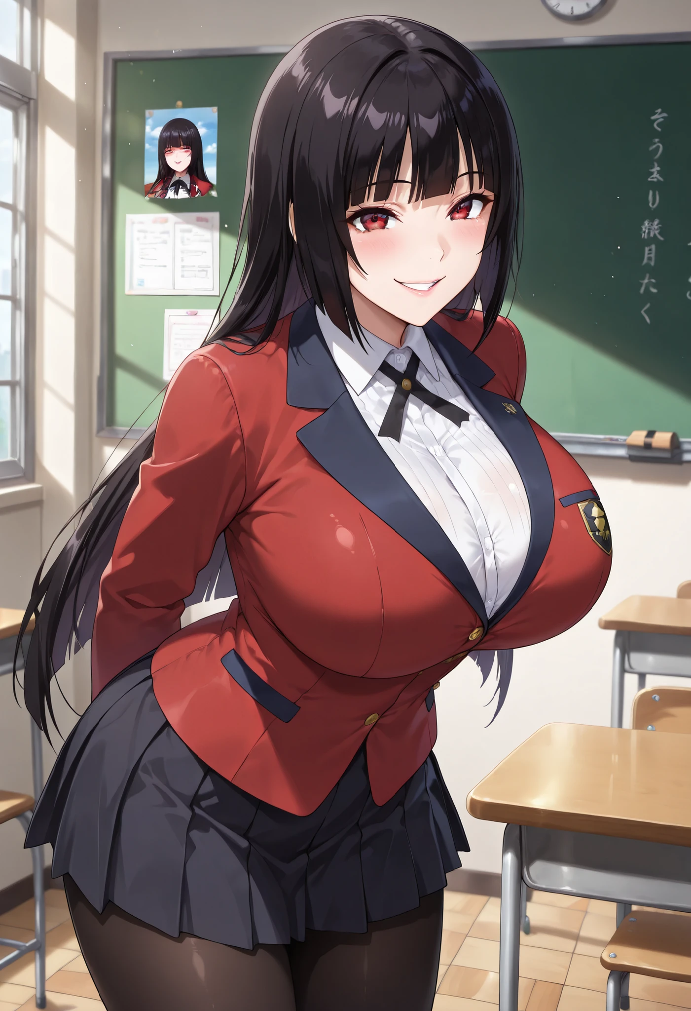 (master piece, best quality, anime, detailed, absurd:1.2), Japanese woman, high school girl, Jabami Yumeko, beautiful character design, clean skin, long black hair, straight hair for women, short bang, beautiful detailed depiction of eyes, expressive eyes,red eyes, High Sexual Desire , I like being lewd , Fearless Smile, (uniform, red jacket, black pantyhose, white shirt is open, Black Ribbon, pleated skirt, long sleeve), (huge breasts:1.1), (cowboy shot), In the classroom, orbital space