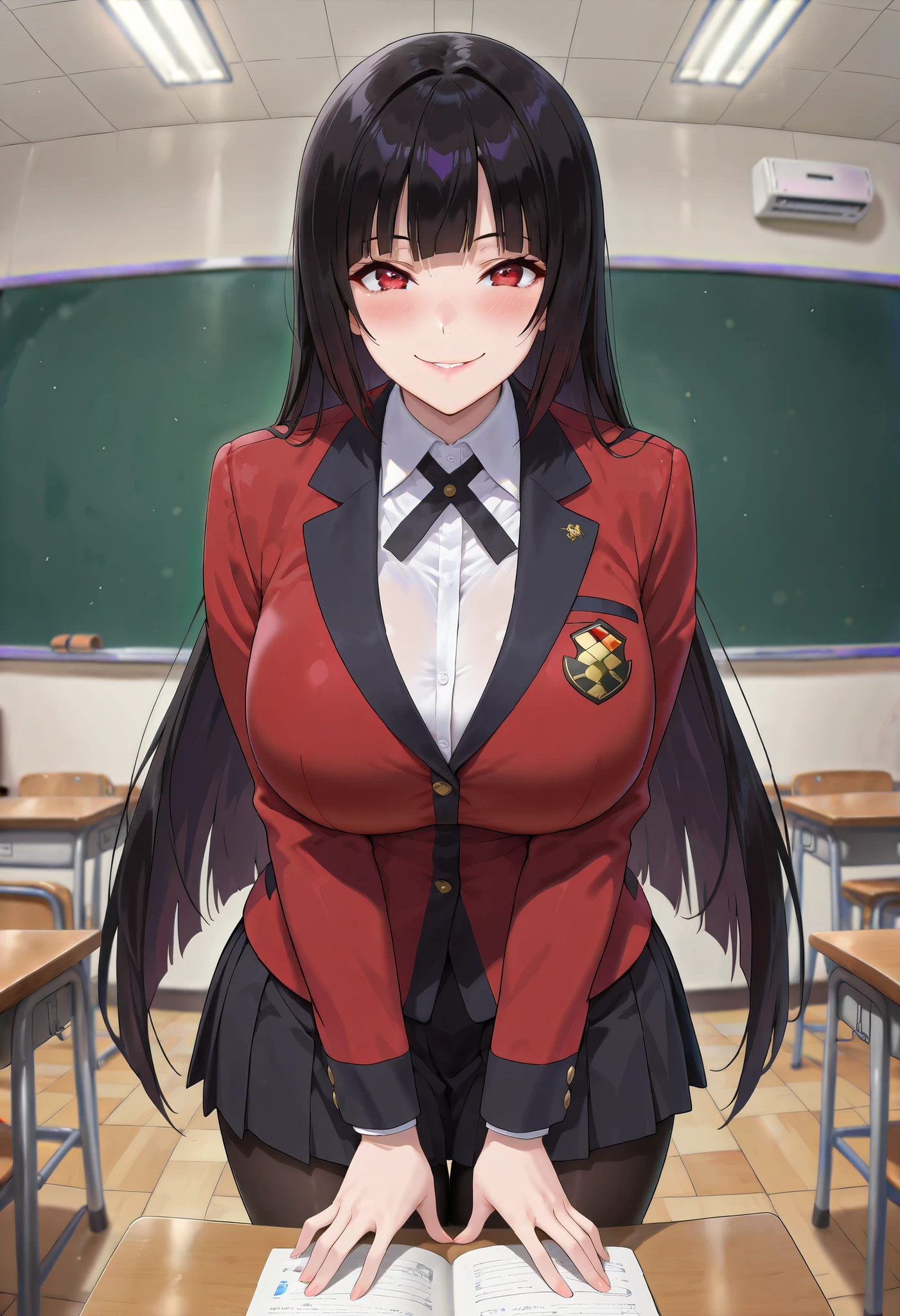 (master piece, best quality, anime, detailed, absurd:1.2), Japanese woman, high school girl, Jabami Yumeko, beautiful character design, clean skin, long black hair, straight hair for women, short bang, beautiful detailed depiction of eyes, expressive eyes,red eyes, High Sexual Desire , I like being lewd , Fearless Smile, (uniform, red jacket, black pantyhose, white shirt is open, Black Ribbon, pleated skirt, long sleeve), (huge breasts:1.1), (cowboy shot), In the classroom, orbital space