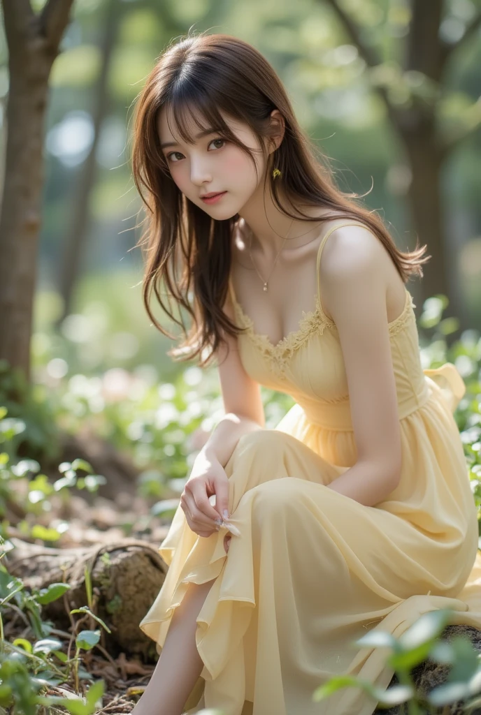 (Masterpiece:1.4), CG Unity 8k walpaper, ((Realistic: 1.2)), Ray Tracing, k, Beautiful 18 years girl, Asian realistic girl, Ultra Realistic, ultra HD, high detail，8K resolution，ultra high resolution, cute girl，The ponytail, long Hair，earrings，necklace，Colorful clear eyes，smooth hair，Exquisite and perfect with the most beautiful facial features and big eyes，Long eyelashes，(Smile)，field，Ultimate picture quality，(Standing in front of cosmos flowers field), ((Upper body shot)), ((luxury Yellow salty dog Dress: 1.2)), [(4 different Poses),(pose 1: Grab hair with both hands, tighten tummy to lift hips,stand side ways),(pose 2: strech your arm,hand on hip, tighten tummy and lift hip),(pose 3: tilt head to smile,put arm behind back,place arm side by leg),(pose 4: title your head to smile,put your hands naturally by your side,stand side ways)], (Detailed poses), (Detailed Dress), (detailed background) , Beautiful human real fingers, beautiful human real hands, Real human natural skin, Pine trees, big flower plants fields, Young perfect breasts under the dress, 