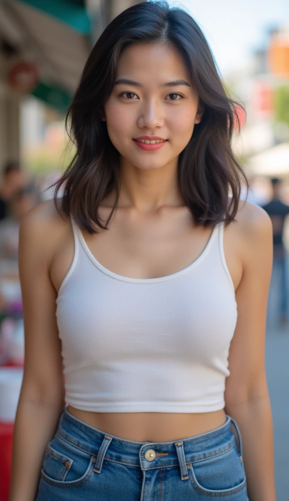 18-year-old Mexican girl, slim complexion with a somewhat large bust, a medium and firm butt in a plaza in Mexico, smiling at the camera with a look of love, sending a kiss with a face worthy of a youthful model with casual clothes for a romantic date 