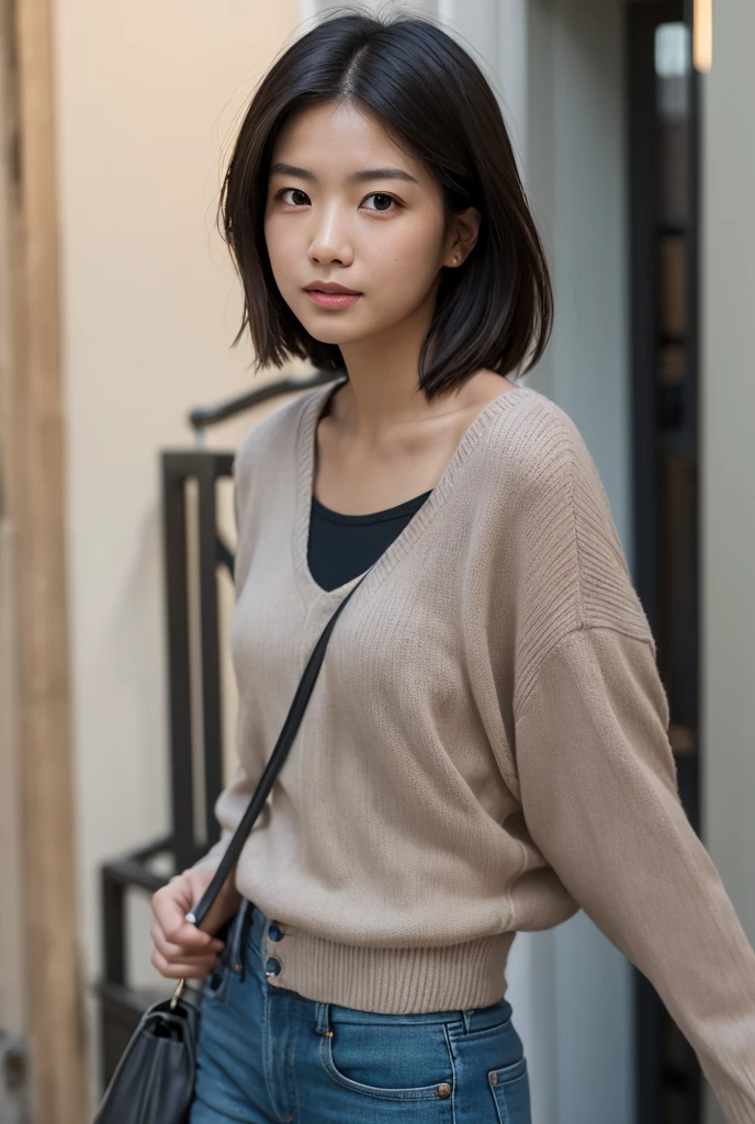 (Best quality, 8k, 32k, Masterpiece, UHD:1.2),Photo of Pretty Japanese woman, large breasts, very short bob hair,upper body,face focus,oversized_sweater, necklace, simple background, from above, looking at viewer,