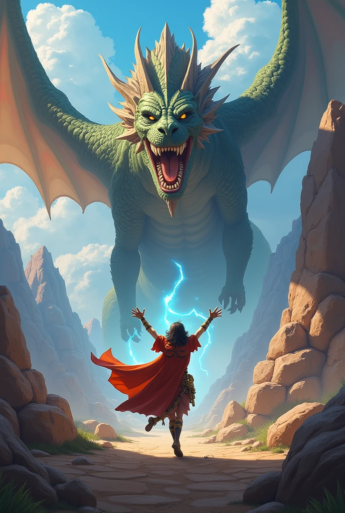 old large dragon breathing animated lightening, on a hero who is holding a shield to protect themselves from the lightening