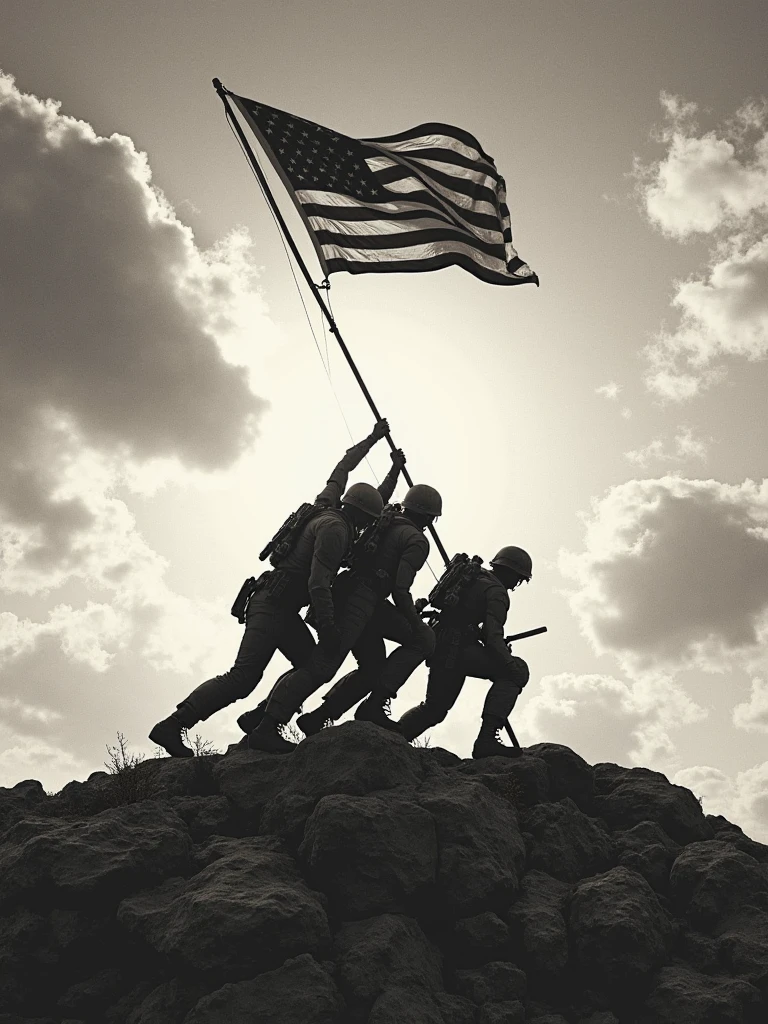 (best quality, high quality), <lora:pbfcomics style v2:1> (pbfcomics style:1.2), multiple boys, holding, flag, greyscale, monochrome, military, outdoors, sky, simple background