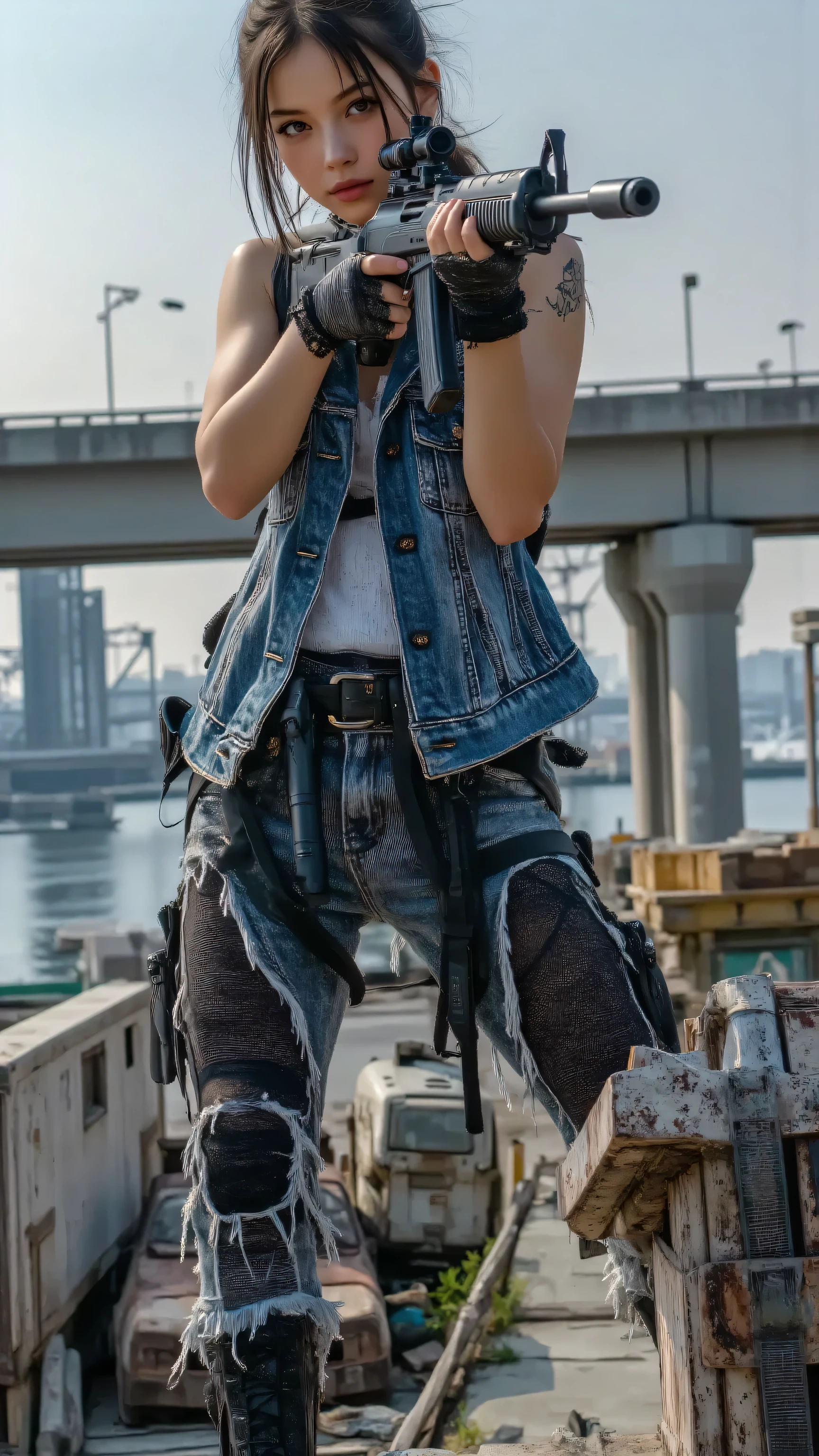 (masterpiece, best quality:1.2), A bold female anti-hero, early 20s, with a piercing glare, positioned on a bullet-riddled motorcycle on a Los Santos coastal highway overpass at dusk, aiming a compact submachine gun with deadly focus. Her ripped denim vest reveals gang tattoos, and stacks of stolen cash spill from a nearby crashed van, bills fluttering onto the asphalt. The overpass is a warzone, its barriers scarred with bullet holes, vibrant graffiti tags glowing under fading sunlight, and burning cars sending smoke into the sky. Below, five gang members execute an ambush: one sprays paint across a flipped truck, one fires a rifle at pursuing rivals, one plants explosives on a rival’s SUV, one reloads a shotgun, and another signals from a lookout post. The ocean glitters faintly beyond, contrasting the violence. This GTA-style scene is ultra-realistic, with intricate details, dynamic composition, and a cinematic sense of rebellion.
