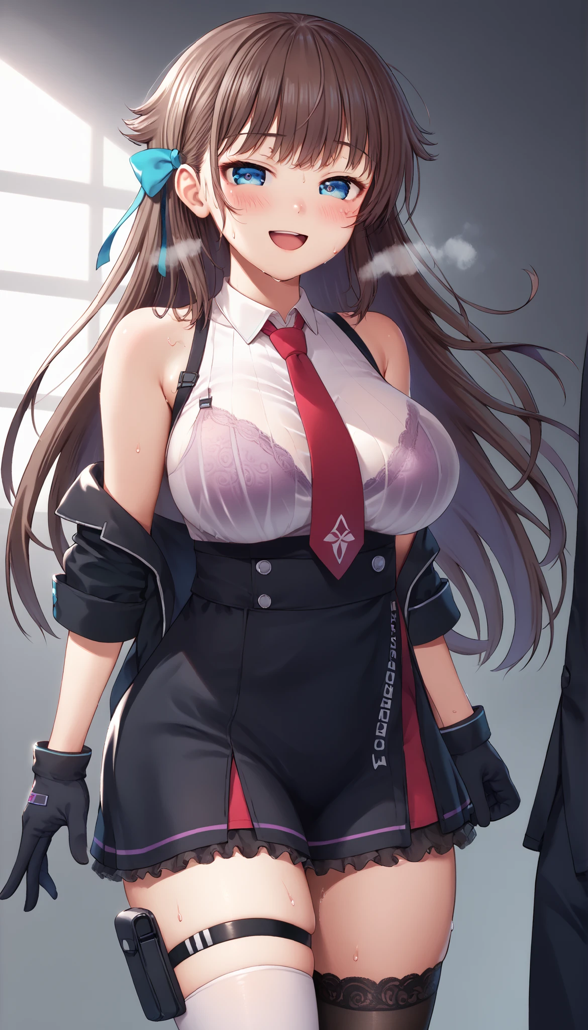great quality,is so beautiful,Absard dress,top quality,newest,masterpiece,4k,resolution,anime screen capture,1 girl,brown hair,long hair,blue eyes,cute anime eyes,super huge breasts that have just been torn apart,very much sweat (Amount of sweat:2.0),blush(redness:3.0), Laughing face,I'm exhaling with my mouth wide open(steam),(Kana Kashiwazaki),hair bow,canavale , THIG-LENGTH SINGLE SOCKS, one leg in stockings, black jacket, sleeveless shirt, thigh strap, tie, cowboy shot, gloves, black skirt,I had sex with the man I had an affair with until a while ago,my body is trembling because it has climaxed too much,steamが多い,shirt filled with sperm is see-through with sweat and the bra is slightly visible(The bra is purple),uterus toward the body(The),I have sperm hanging down my thighs,-game- Nebel Geisterjäger style