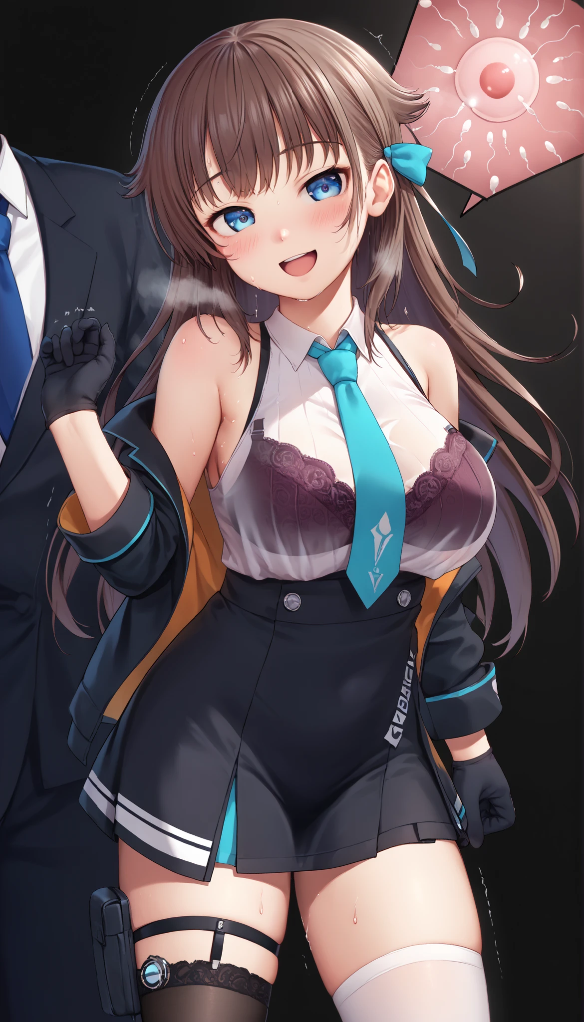 great quality,is so beautiful,Absard dress,top quality,newest,masterpiece,4k,resolution,anime screen capture,1 girl,brown hair,long hair,blue eyes,cute anime eyes,super huge breasts that have just been torn apart,very much sweat (Amount of sweat:2.0),blush(redness:3.0), Laughing face,I'm exhaling with my mouth wide open(steam),(Kana Kashiwazaki),hair bow,canavale , THIG-LENGTH SINGLE SOCKS, one leg in stockings, black jacket, sleeveless shirt, thigh strap, tie, cowboy shot, gloves, black skirt,I had sex with the man I had an affair with until a while ago,my body is trembling because it has climaxed too much,steamが多い,shirt filled with sperm is see-through with sweat and the bra is slightly visible(The bra is purple),uterus toward the body(The),I have sperm hanging down my thighs,-game- Nebel Geisterjäger style
