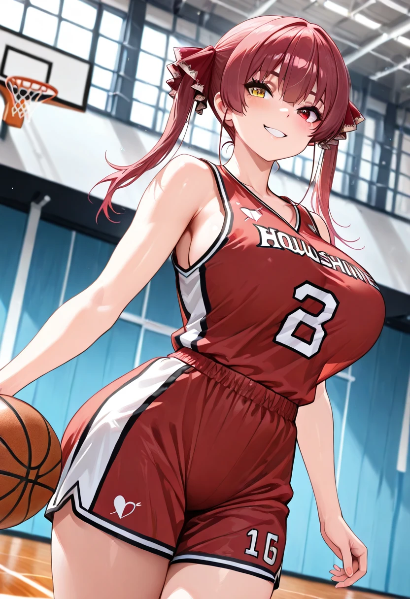 Red-haired beautiful girl，Wears a sleeveless Rockets basketball jersey，The breasts are extremely large，Super big breasts，Thick thighs，playing basketball in basketball court，Covered in sweat，With a smile，His face was flushed，The arms are extremely thick，Tall，musculous