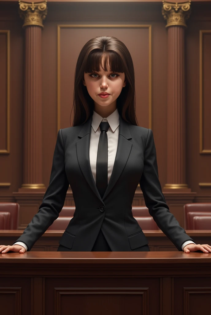 Claire Wong, a sophisticated and no-nonsense 3 lawyer, who has super sexually attractive body, is depicted in a luxurious courtroom, standing confidently before a judge. She is dressed in a perfectly fitted black pencil skirt and blazer, her hair styled in a sleek, straight bob that adds to her sharp, professional appearance. Her piercing gaze and calm demeanor command the attention of everyone in the room as she delivers her arguments with precision. The courtroom is grand, with dark wood paneling and elegant architecture, emphasizing the seriousness and authority of the scene. Hyper-detailed, dramatic lighting, professional atmosphere, 8K.