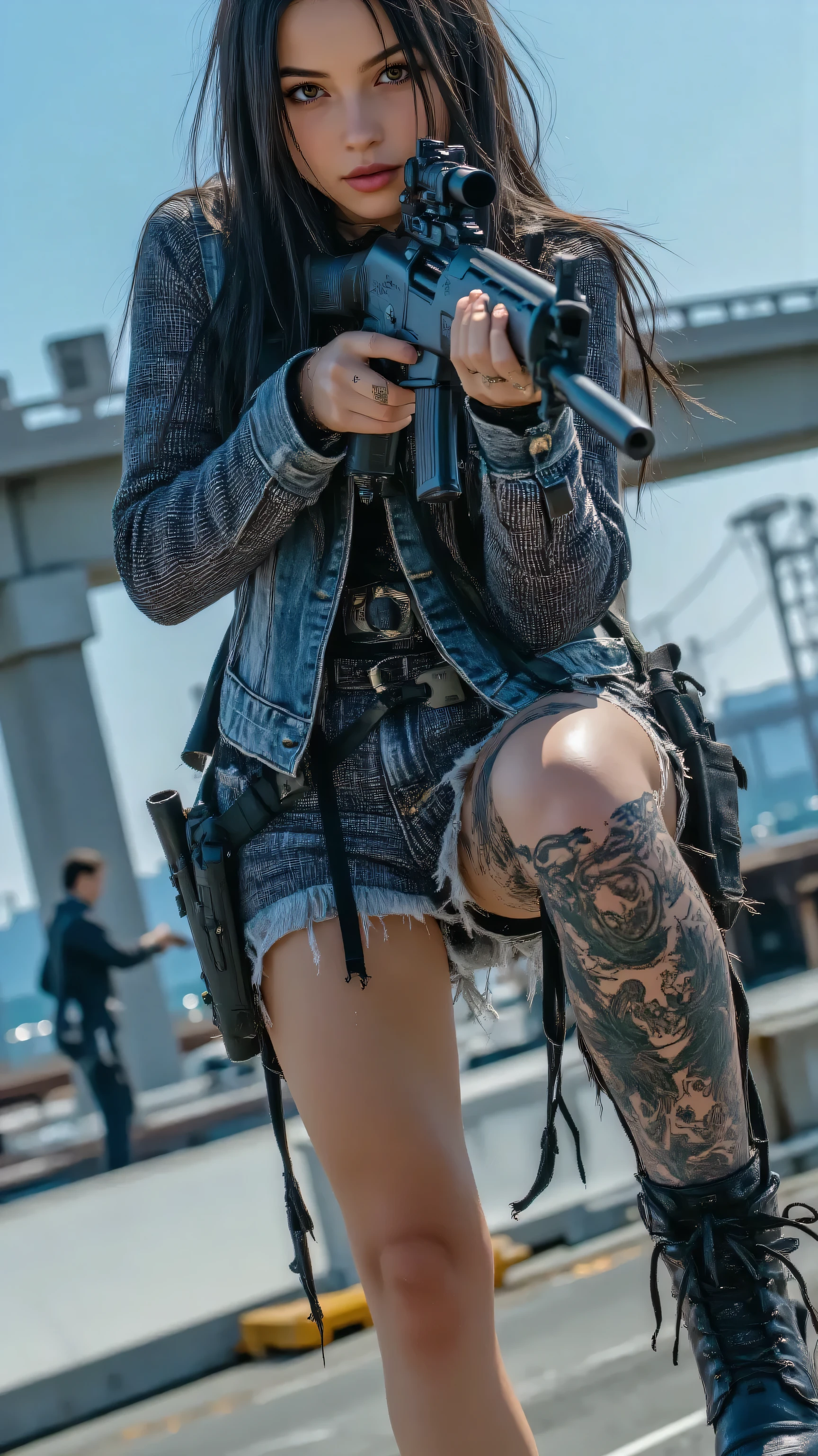 (masterpiece, best quality:1.2), A bold female anti-hero, early 20s, with a piercing glare, positioned on a bullet-riddled motorcycle on a Los Santos coastal highway overpass at dusk, aiming a compact submachine gun with deadly focus. Her ripped denim vest reveals gang tattoos, and stacks of stolen cash spill from a nearby crashed van, bills fluttering onto the asphalt. The overpass is a warzone, its barriers scarred with bullet holes, vibrant graffiti tags glowing under fading sunlight, and burning cars sending smoke into the sky. Below, five gang members execute an ambush: one sprays paint across a flipped truck, one fires a rifle at pursuing rivals, one plants explosives on a rival’s SUV, one reloads a shotgun, and another signals from a lookout post. The ocean glitters faintly beyond, contrasting the violence. This GTA-style scene is ultra-realistic, with intricate details, dynamic composition, and a cinematic sense of rebellion.