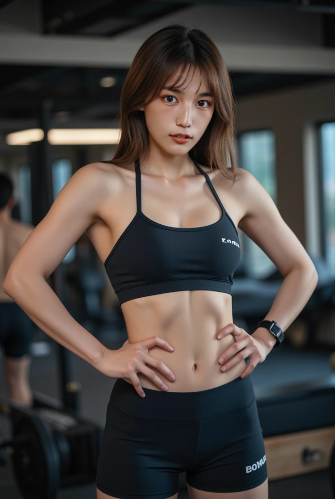 highest quality, Ultra-high resolution, (Realistic: 1.4), 1 girl, (Black Hair: 1), (Small breasts: 1.6), Light blue gym wear, exercise、whole body、Big Breasts