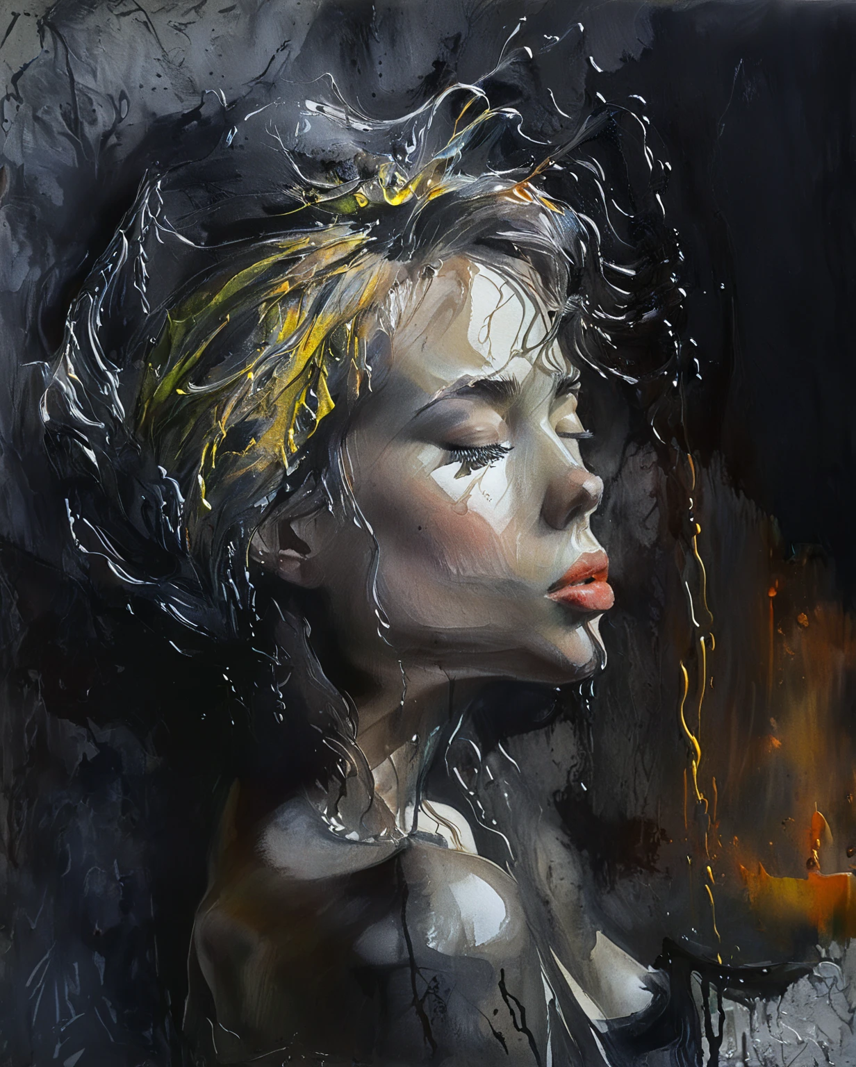 classic Photo portrait of a  boy in 60s era style, sexy, sensual pose (portrait of a woman's face with her eyes closed and head up facing sky) . Silhouette, Backlighting, dark tone background, glowing line, contra, close up, flowing long hair, Expressionist Watercolors. Medium shot. Loose, gestured line drawing with rough strokes, wet on wet, and splash of liquid, expressively blending drawing and graffiti art. rough strokes, drip liquid, splash, wet on wet, loose, gestured line drawing, expressived charcoal, alcohol ink, Carnes Griffith, Honore Daumier